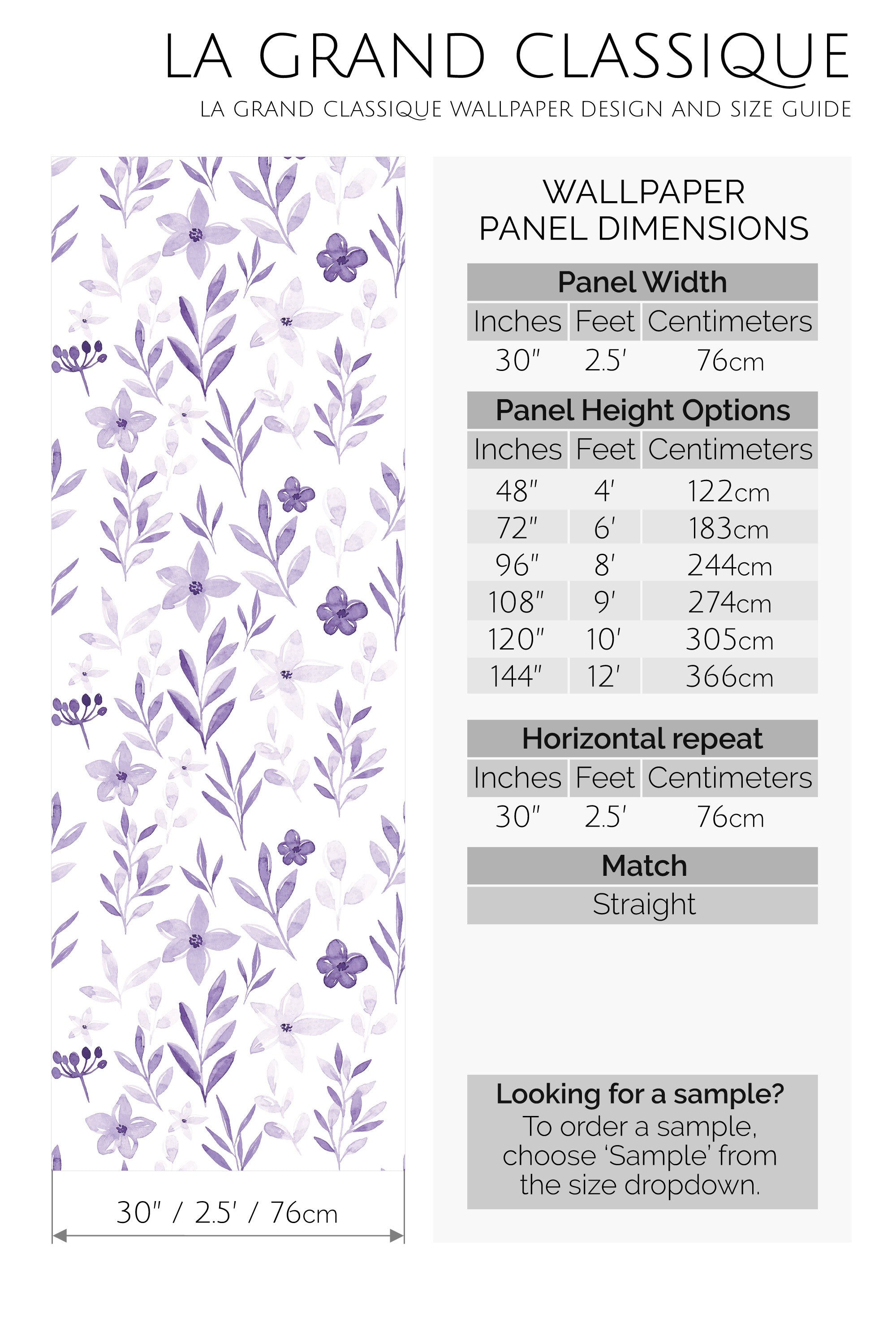 violet botanical peel and stick wallpaper specifiation