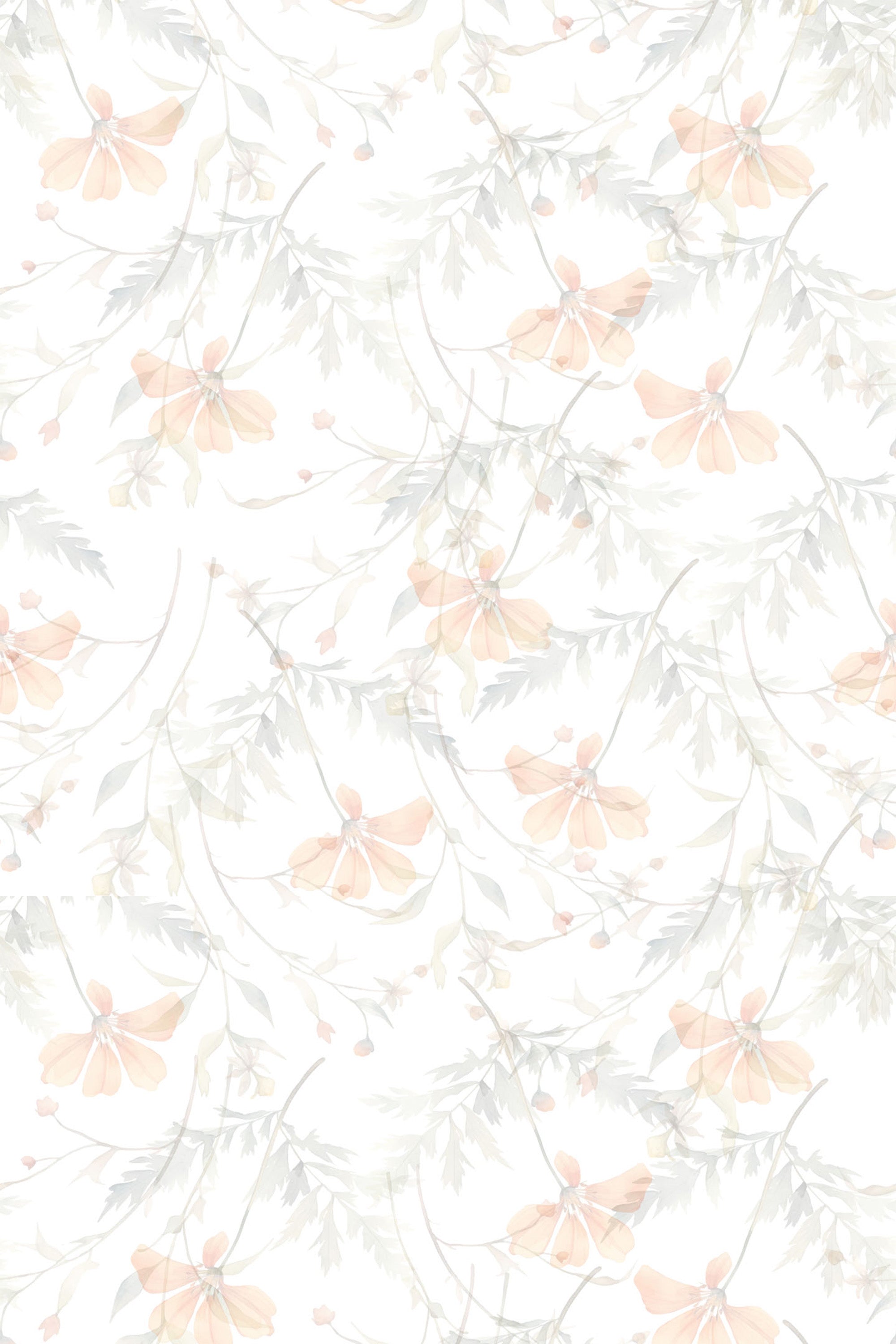 Elegant interlacing branches with delicate peach flowers and soft green leaves on a light background, subtle floral peel and stick removable wallpaper.