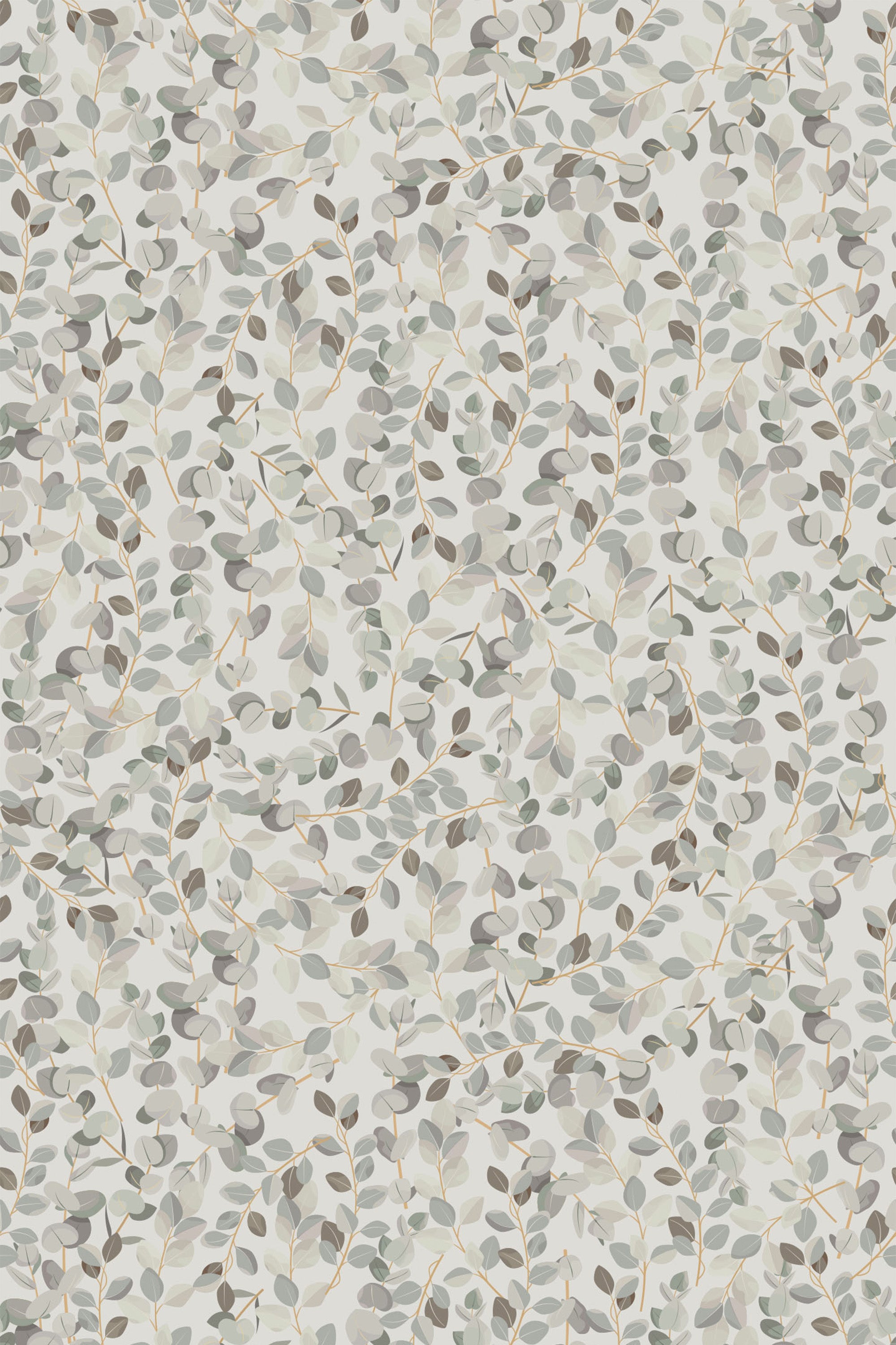 Aesthetic spring leaves pattern with delicate green and grey foliage on a soft beige background, ideal for a fresh botanical theme, peel and stick removable wallpaper.