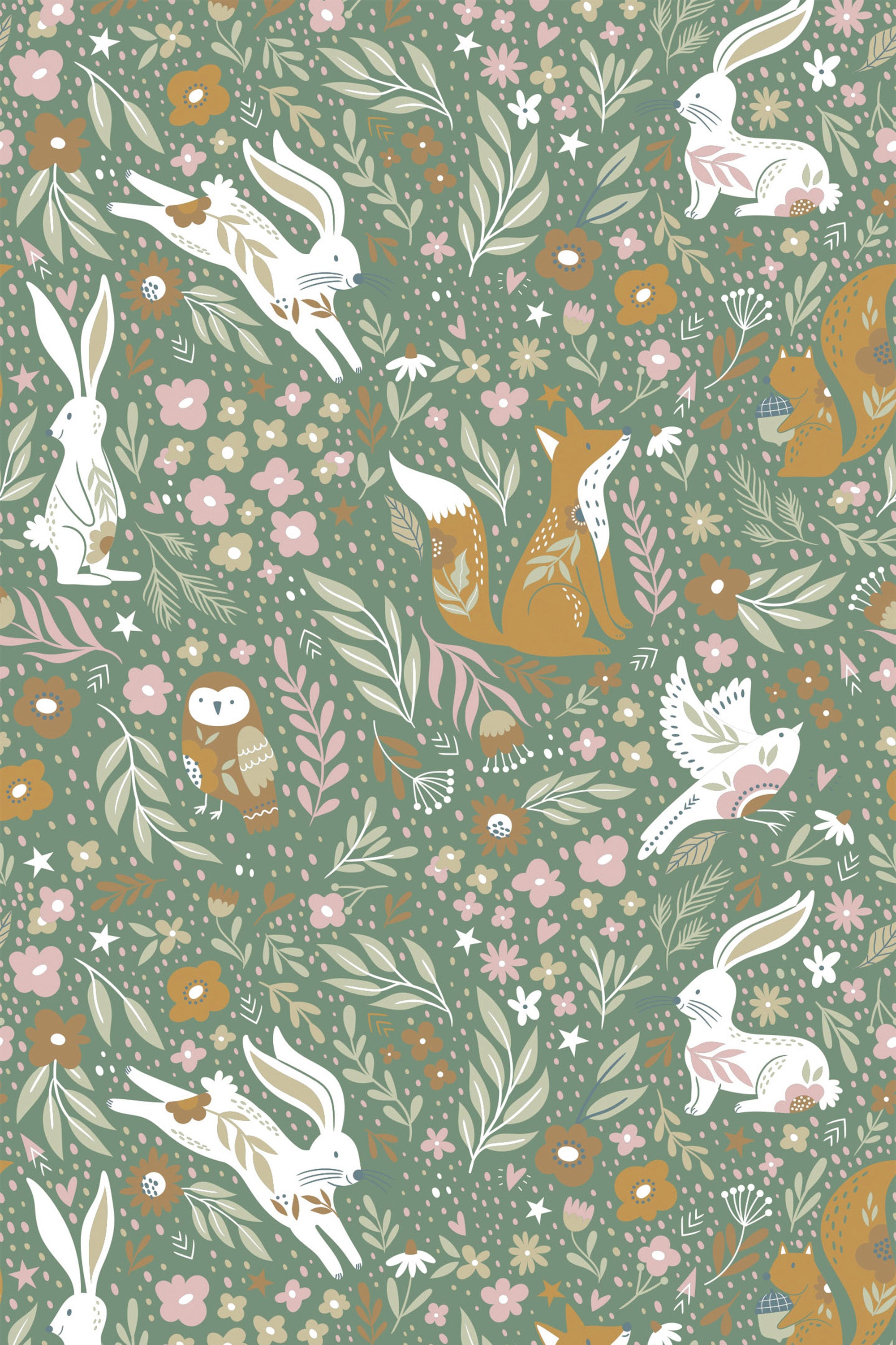 Whimsical woodland creatures among a verdant array of foliage and flowers on a sage green background, peel and stick removable wallpaper.