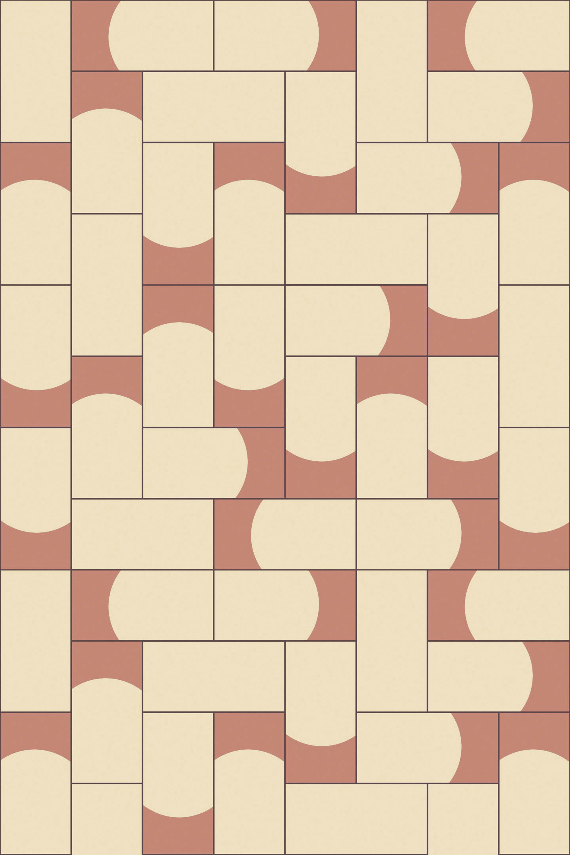 Terracotta tile pattern with interlocking white and beige geometric shapes on a peel and stick removable wallpaper.