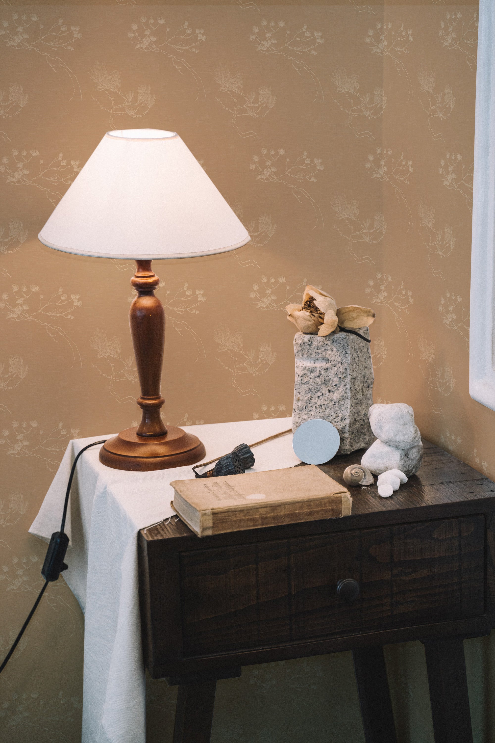 peel and stick wallpaper bonsai tree pattern accent wall bedroom nightstand interior