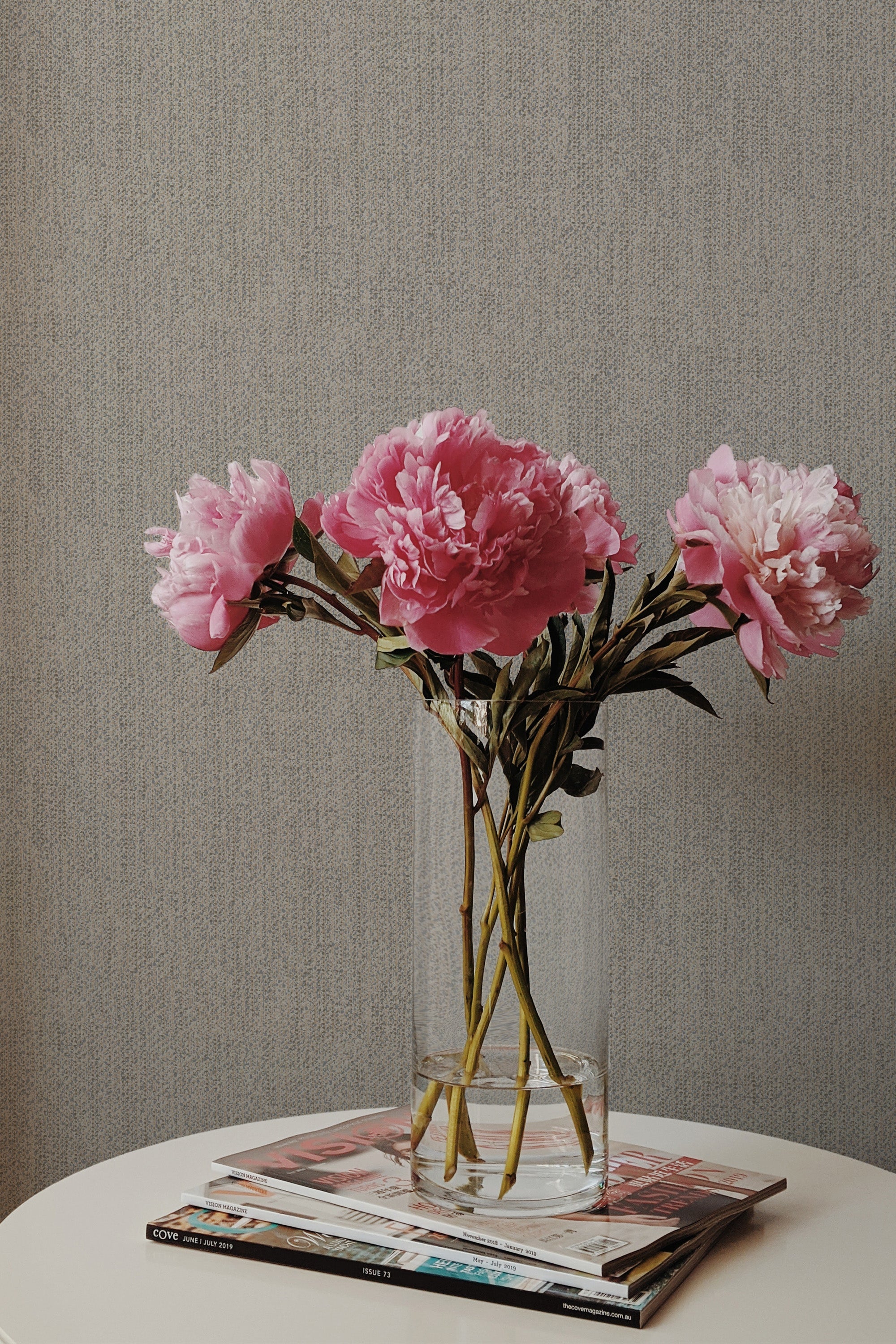 peonies magazines coffee table modern interior faux linen wall paper peel and stick