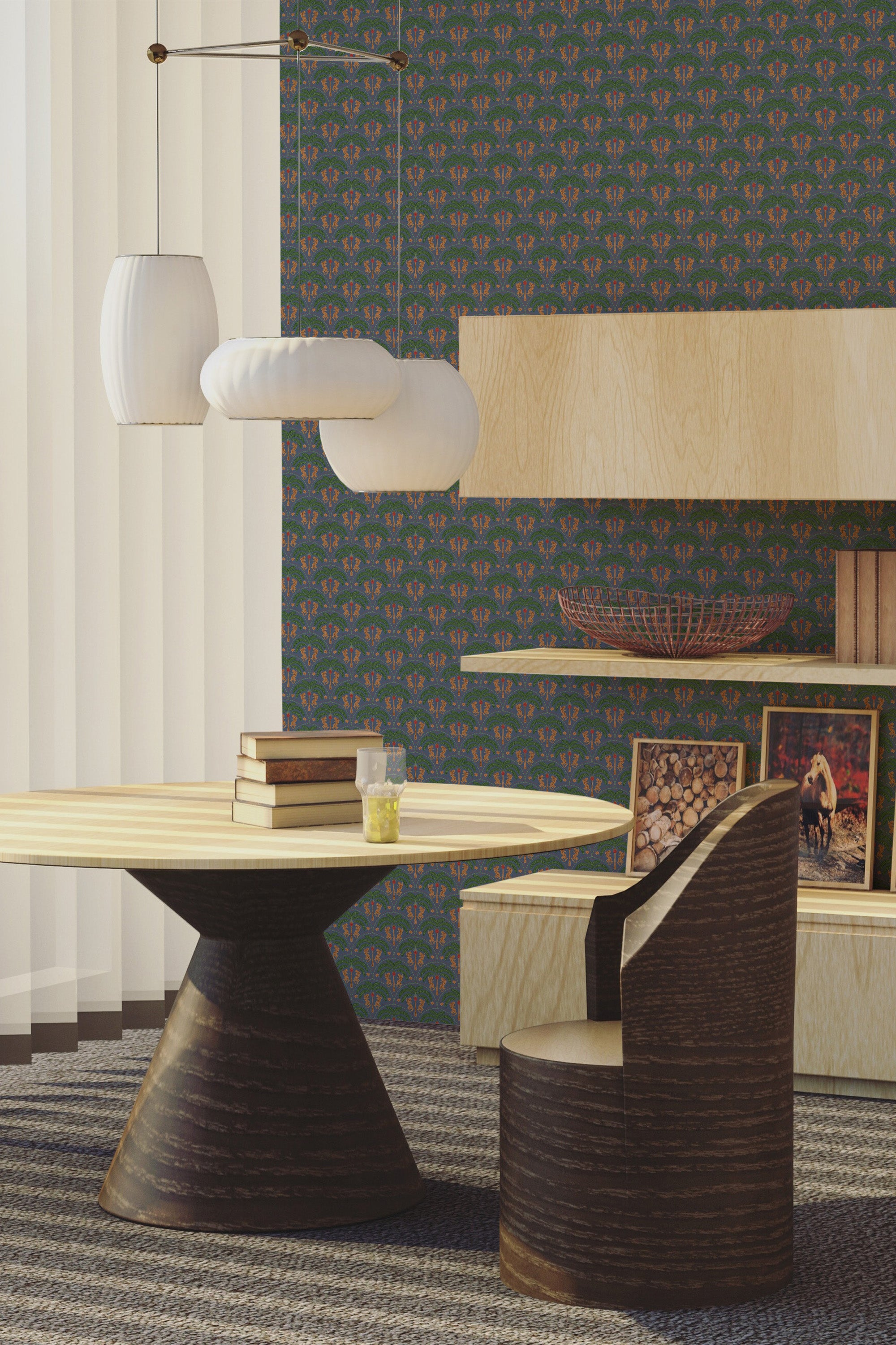 living room dining table wooden furniture light dark tropical art deco wall paper peel and stick