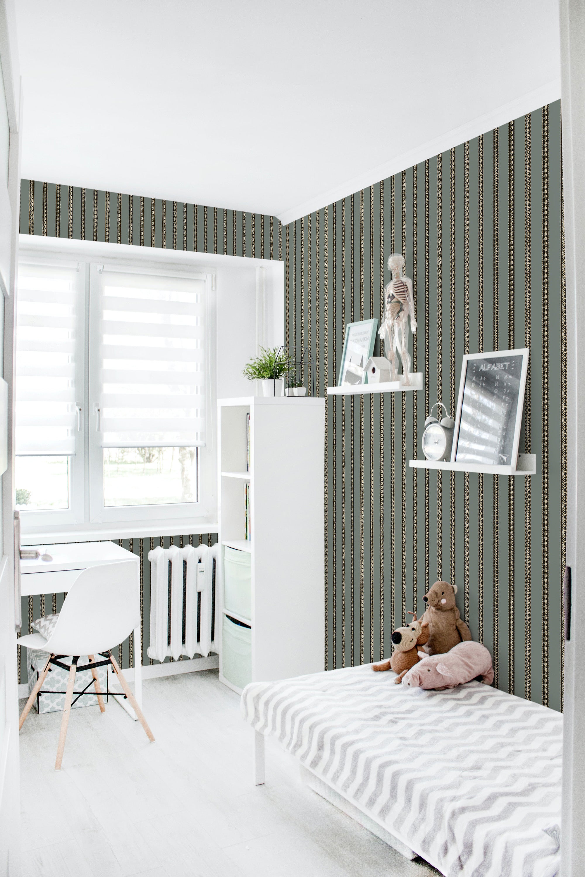 removable wallpaper vintage lines pattern kids room desk bed bookshelf toys
