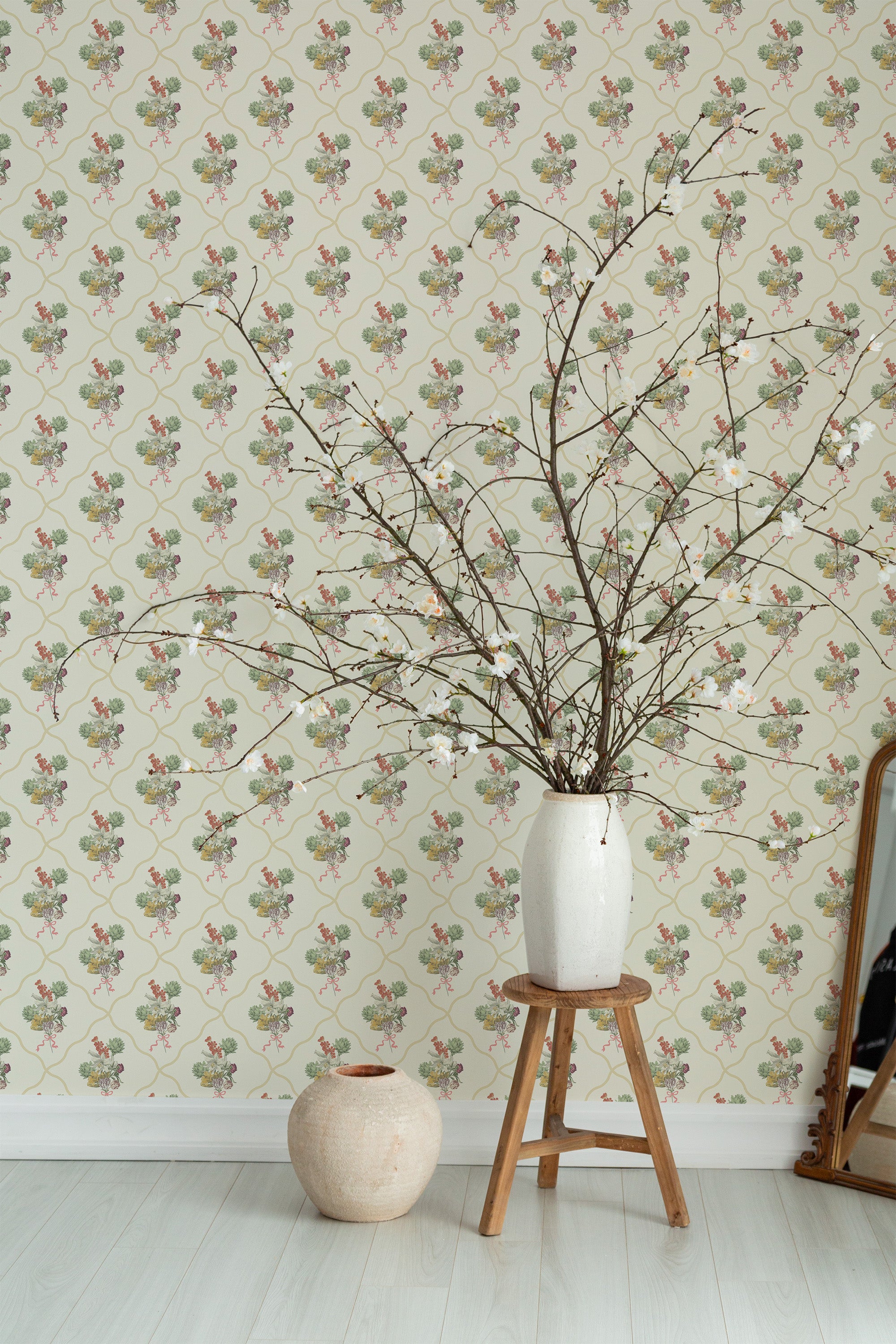 decorative plant vase wooden stool living room vintage floral bouquet decor