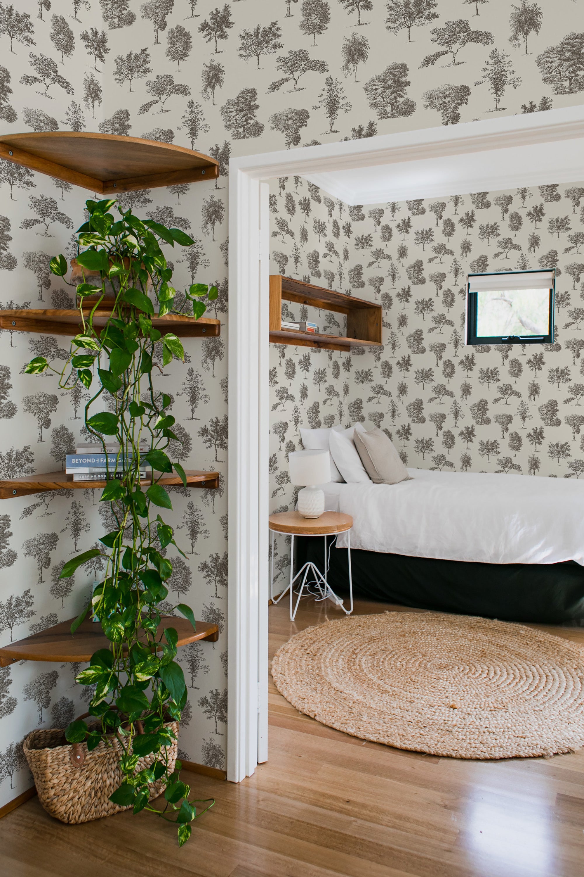 bedroom cozy interior green plants round carpet vintage trees peel & stick wallpaper