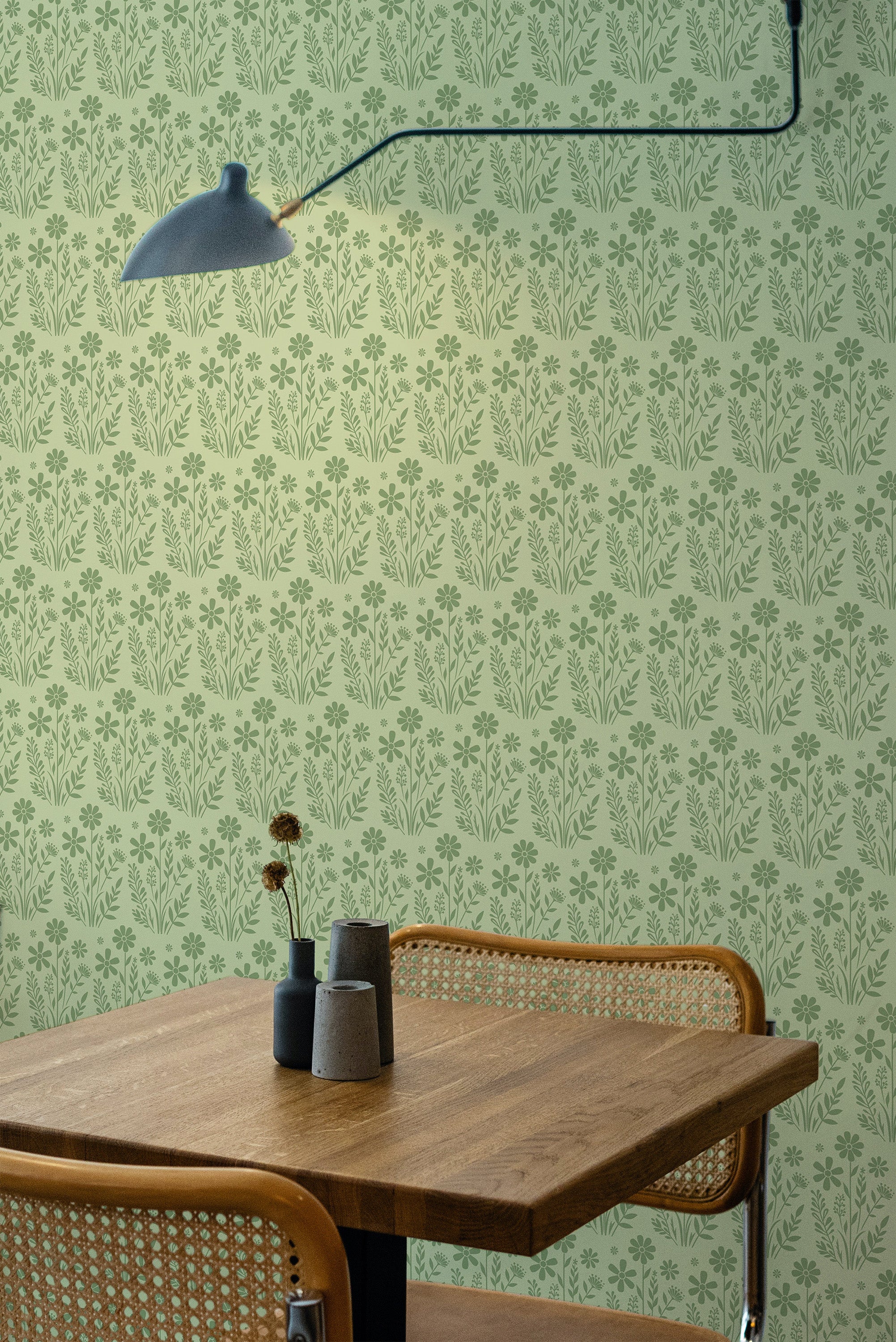 wooden dining table rattan chairs seamless flower peel and stick wallpaper
