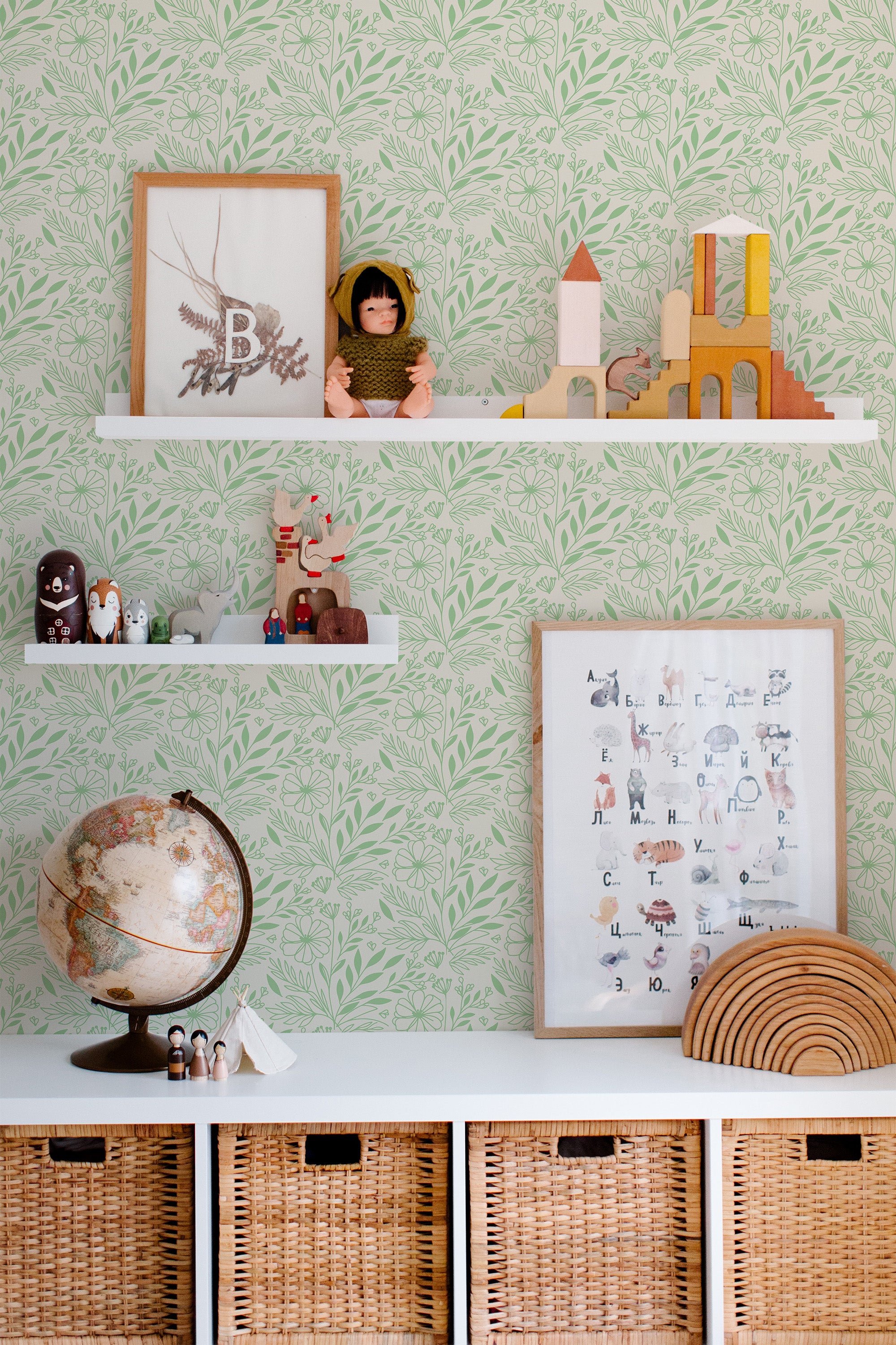 kids room toys pictures decor shelf boxes green cottagecore wallpaper for walls