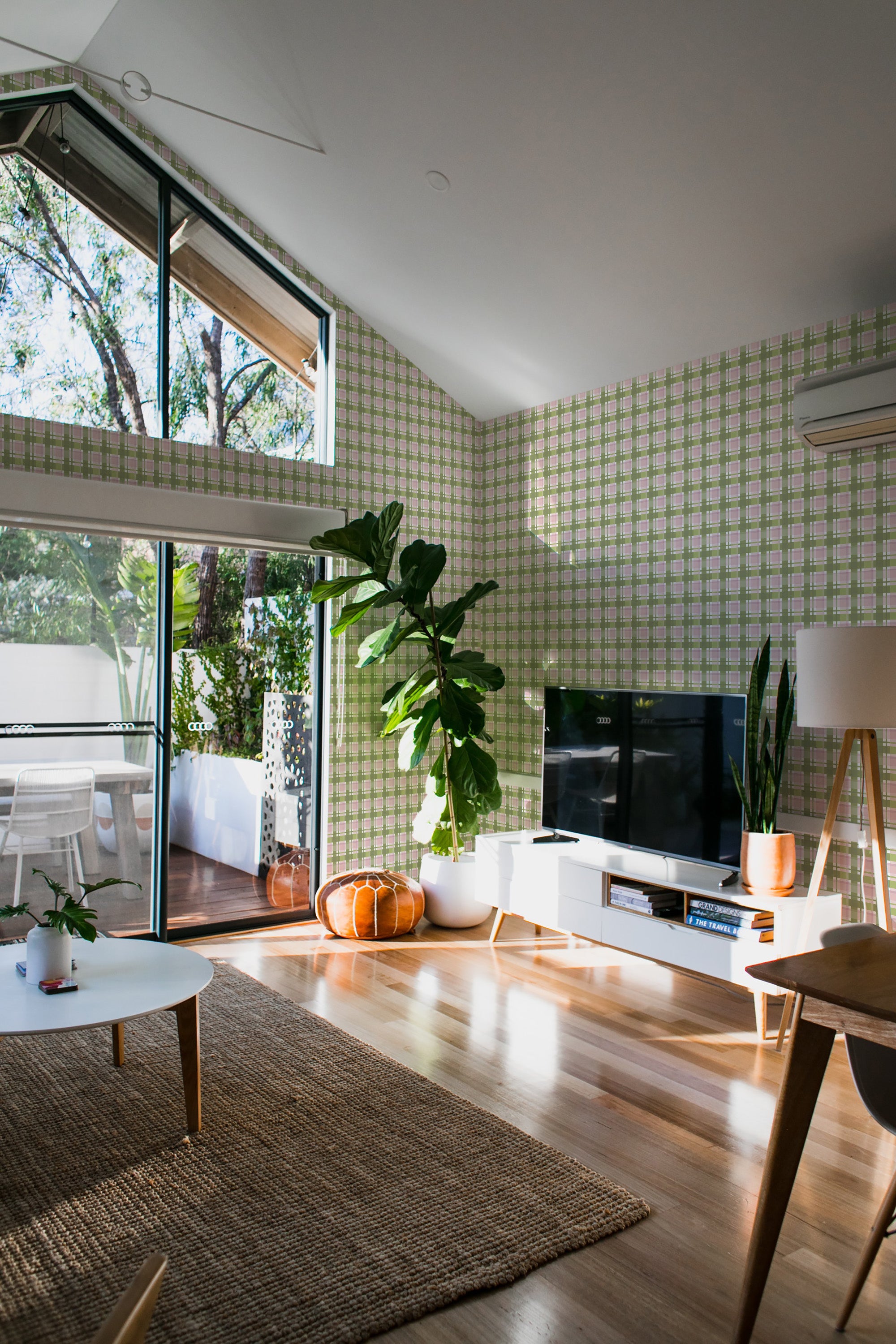 minimalist house terrace green plants living room green and pink plaid stick and peel wallpaper