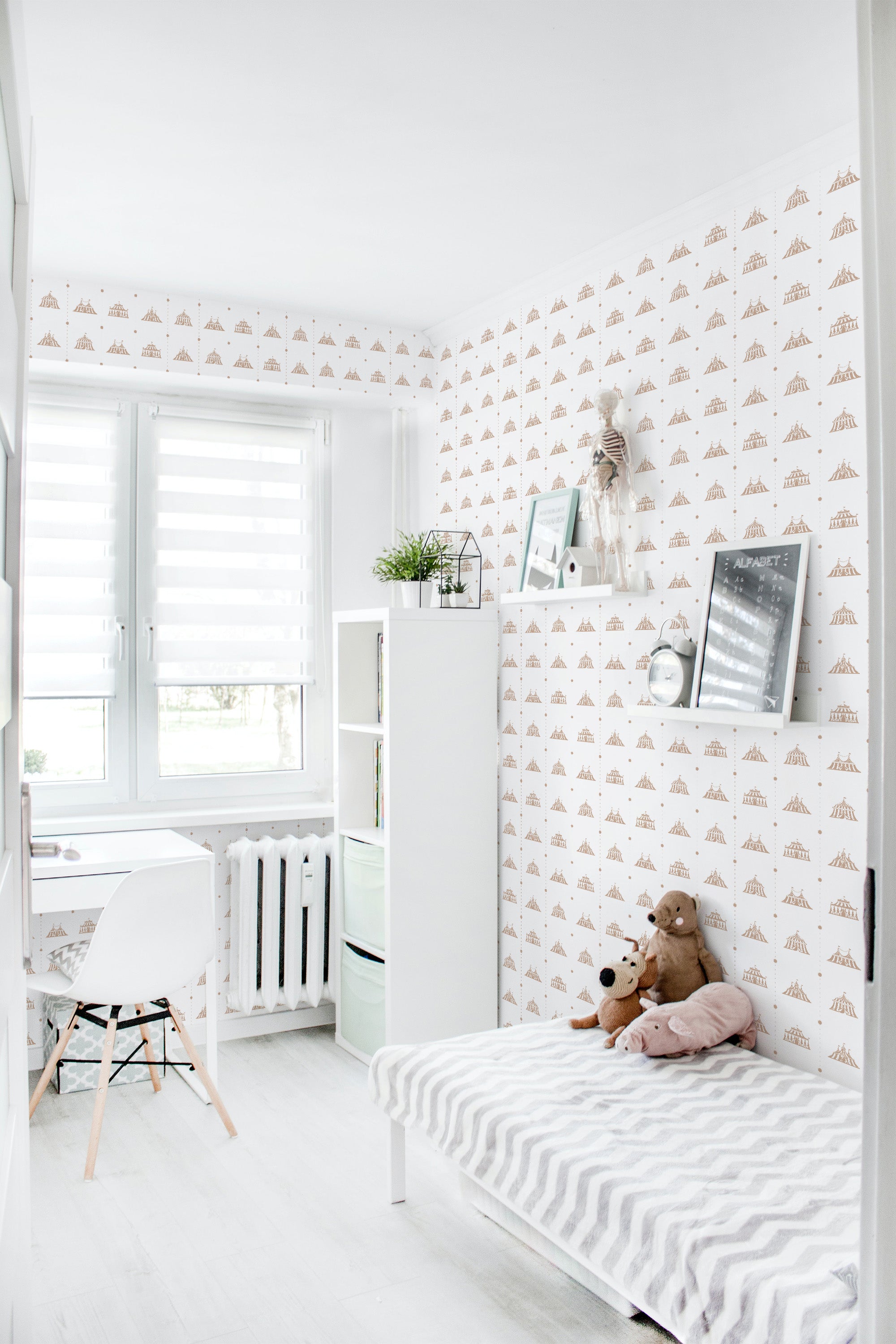 removable wallpaper vintage circus pattern kids room desk bed bookshelf toys