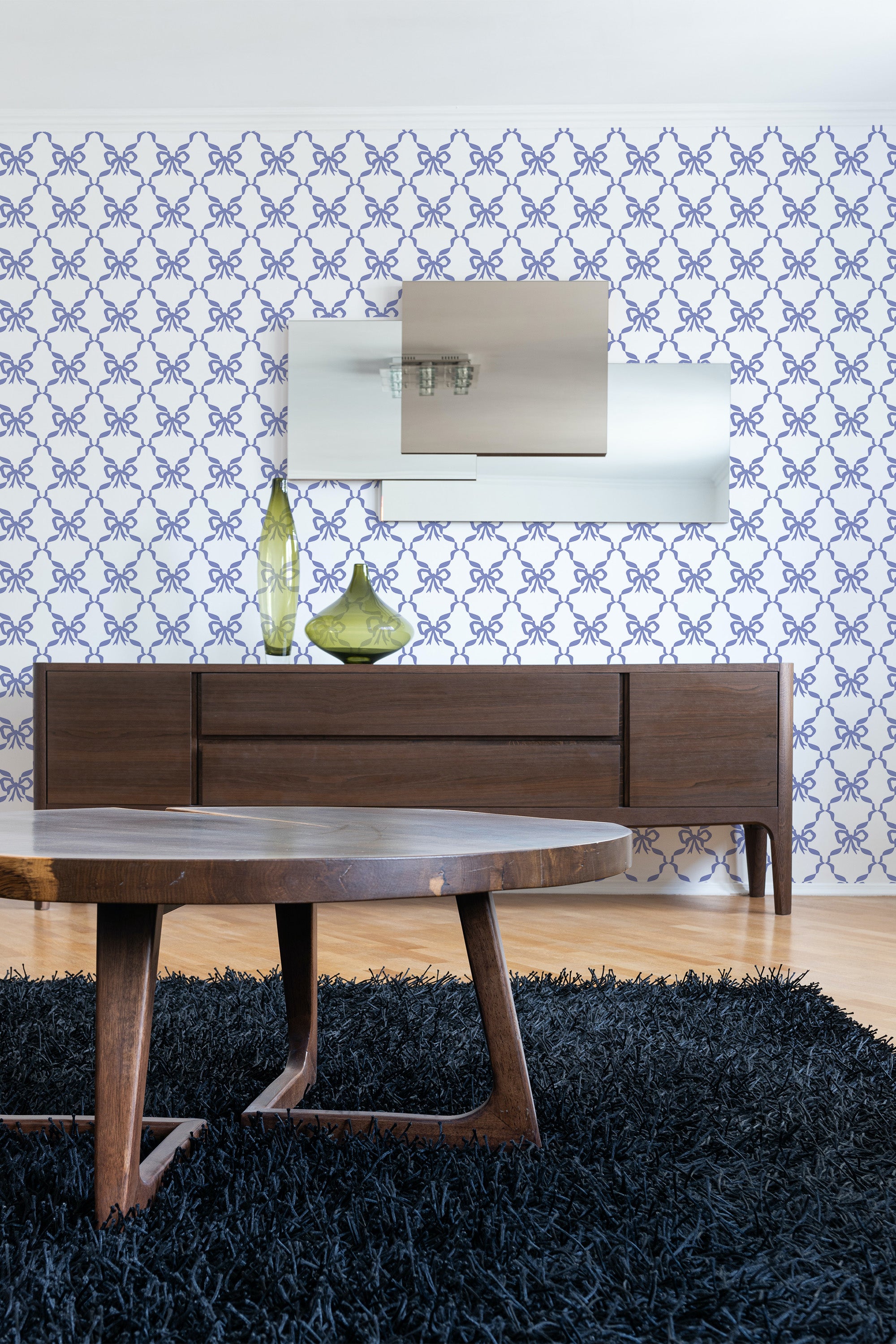 contemporary living room dark wood furniture trellis bows peel and stick wallpaper
