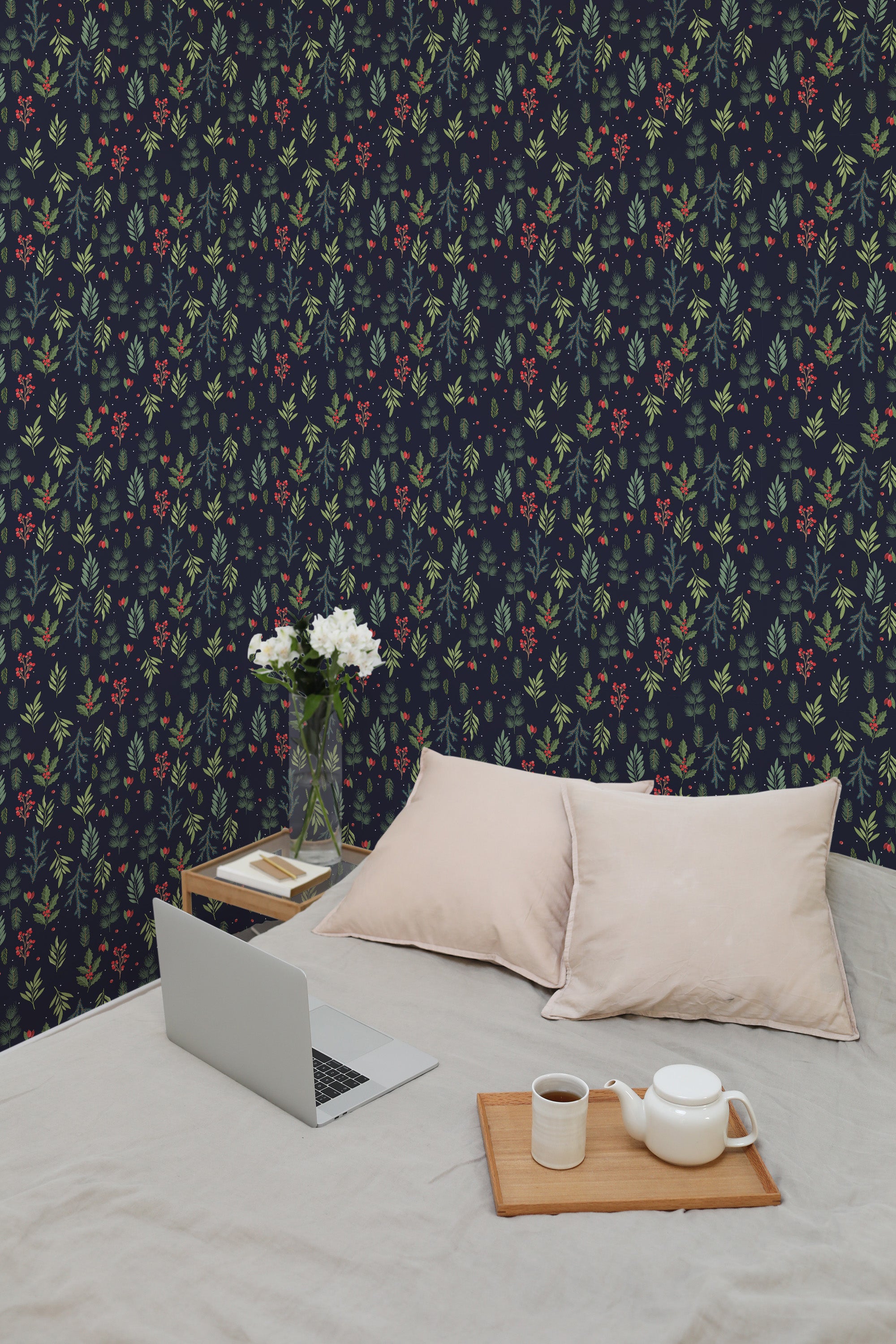 temporary wallpaper christmas leaves pattern cozy romantic bedroom interior