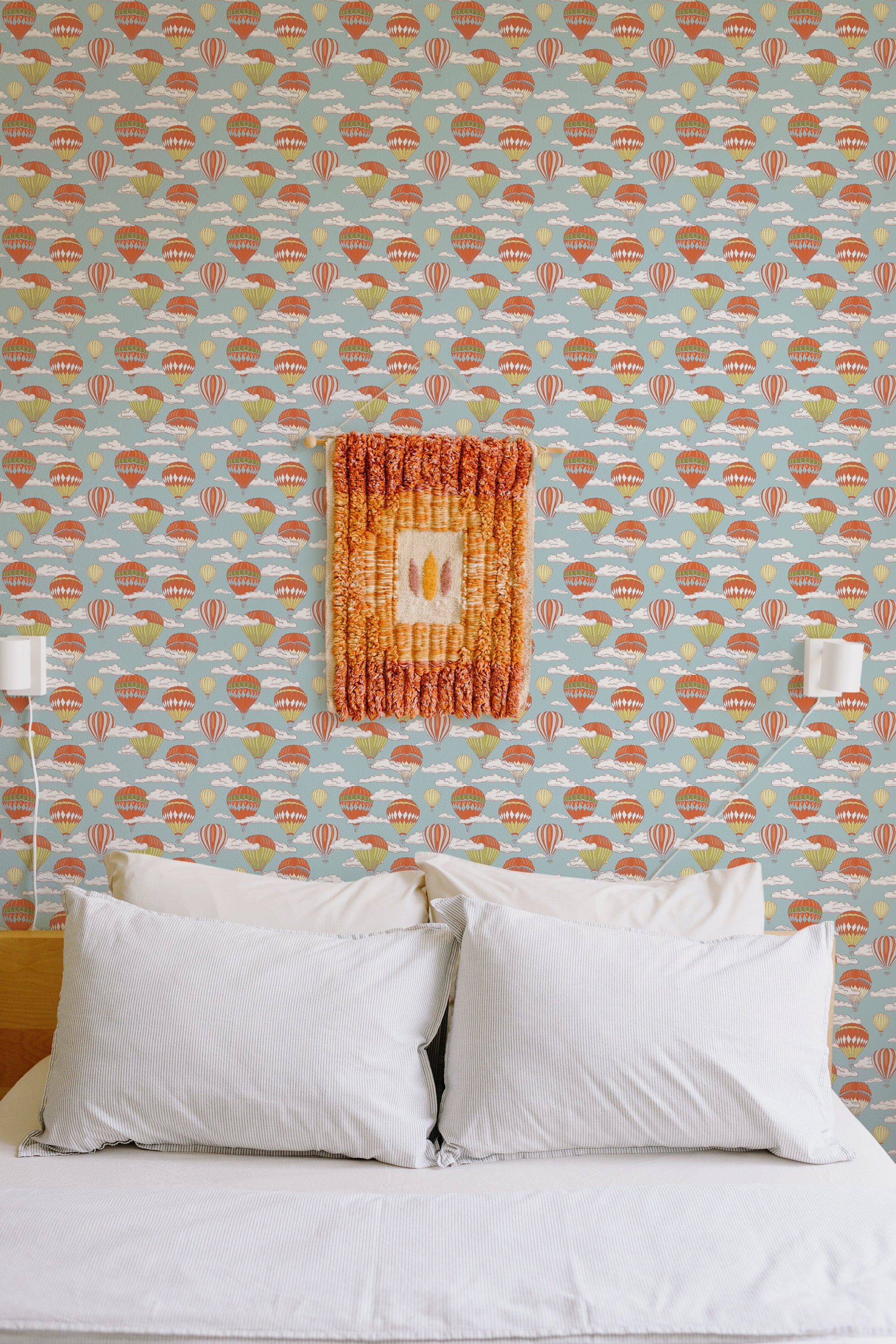 cozy bedroom pillows double bed wall decor vintage hot air balloons removable wallpaper