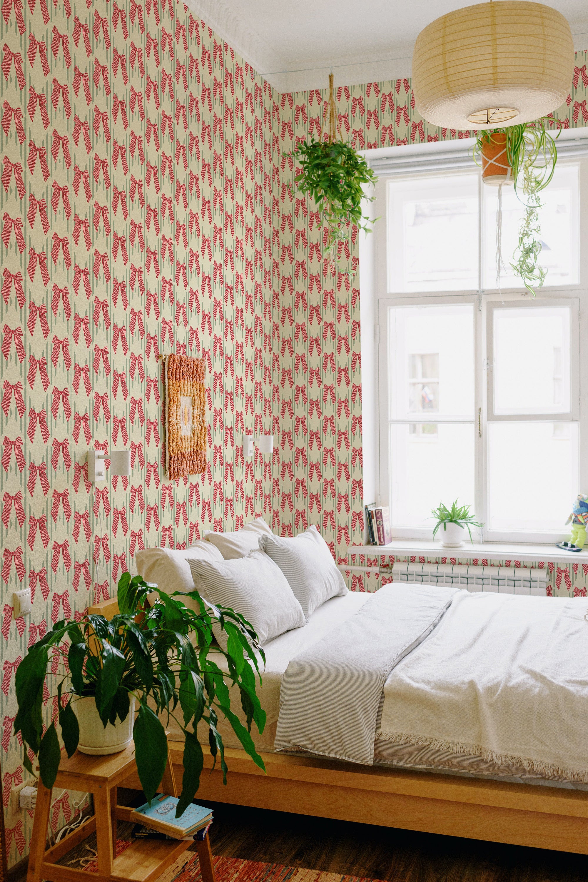 stick and peel wallpaper christmas bow pattern bedroom boho wall decor green plants