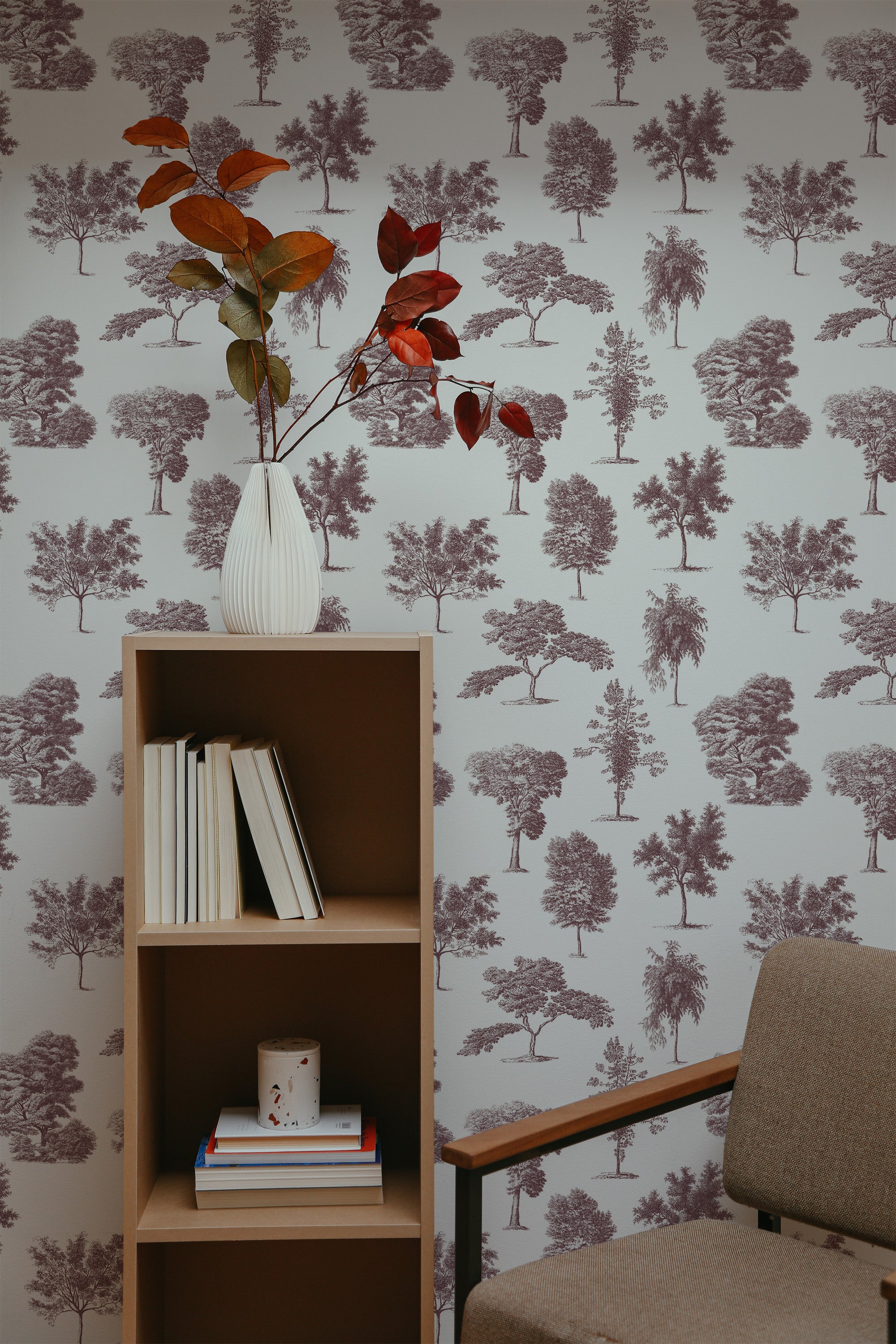self-adhesive wallpaper vintage trees toile pattern bookshelf armchair decorative plant interior