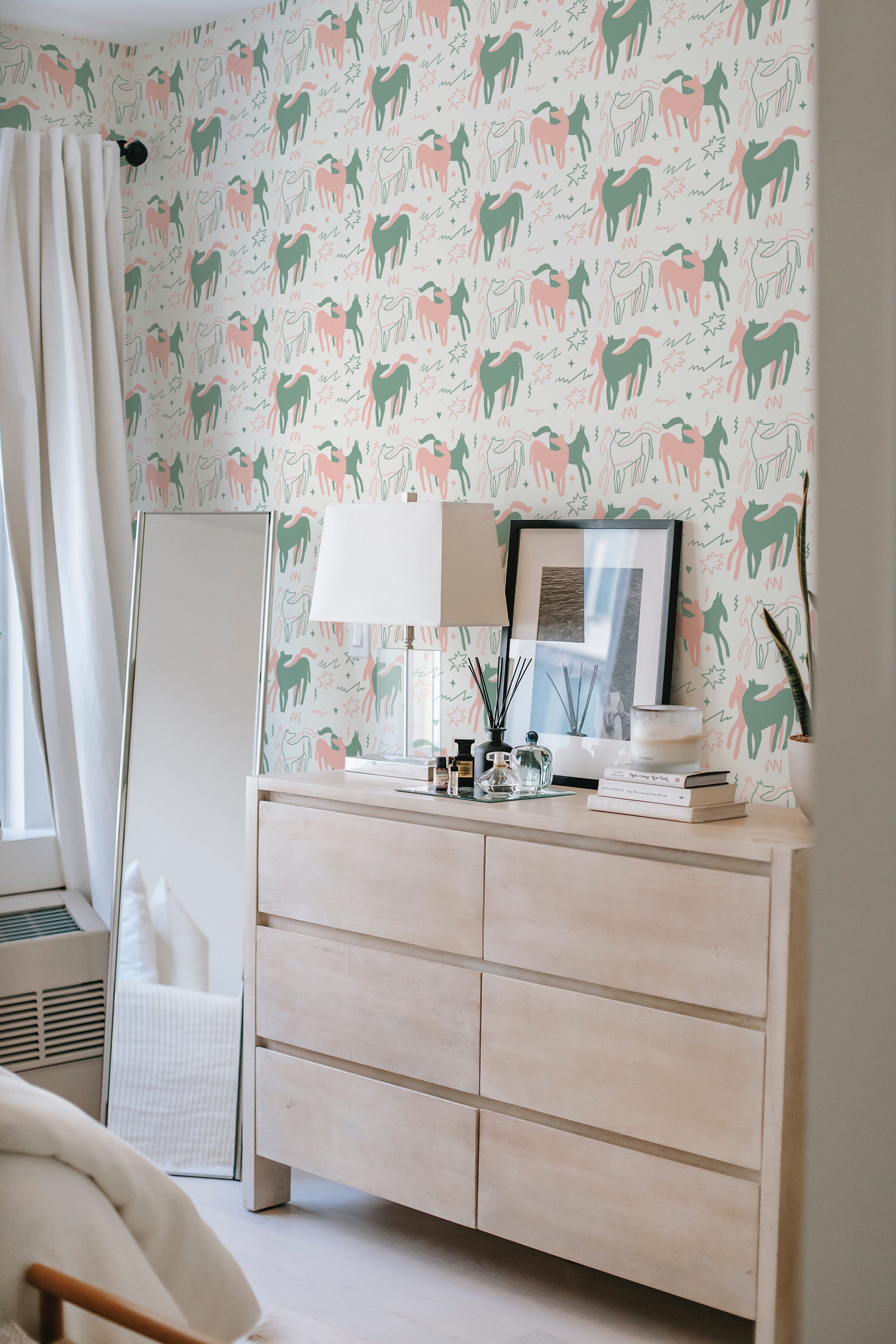 peel and stick wallpaper cute horses accent wall bedroom dresser mirror minimalist interior