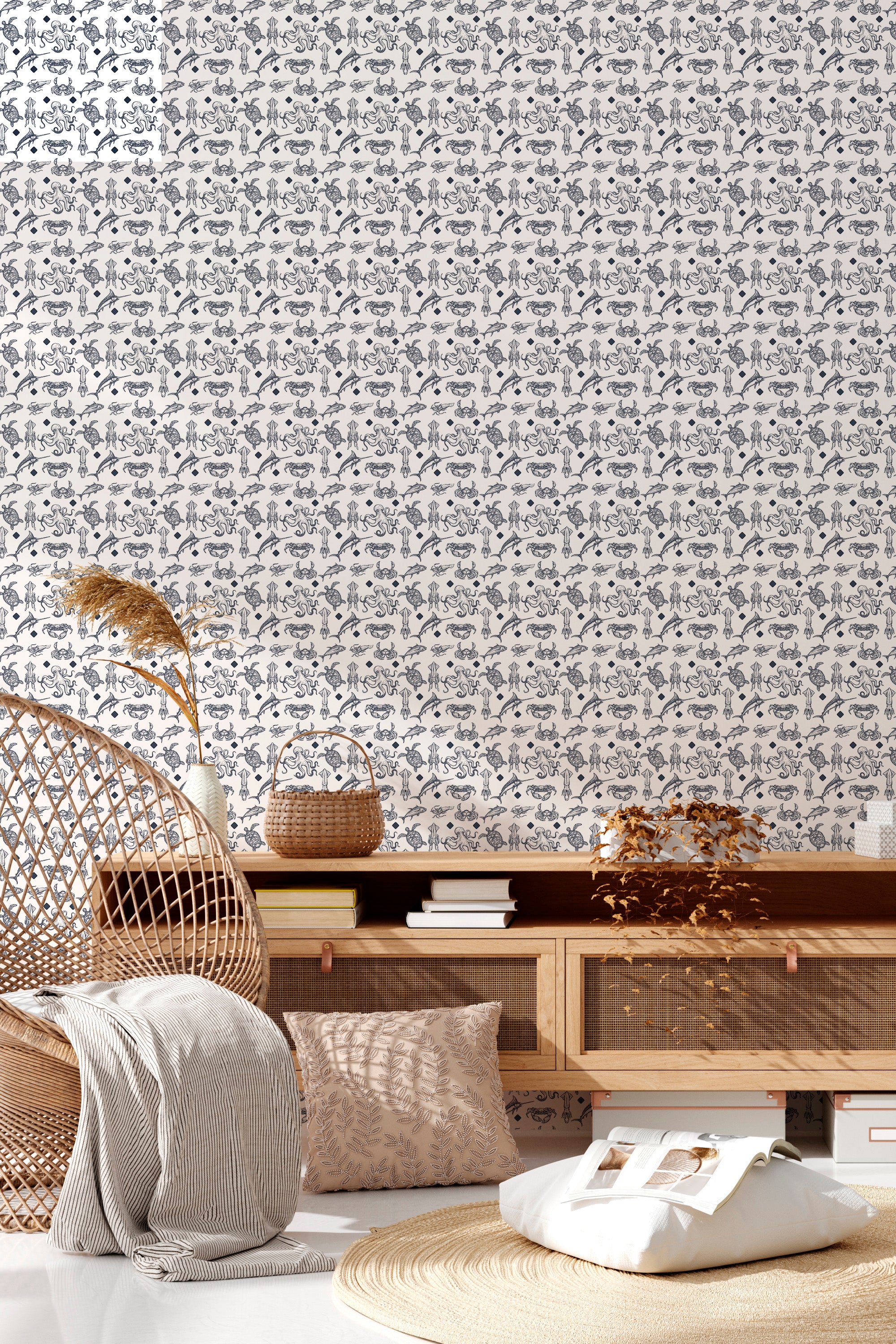 living room rattan furniture decorative plant ocean creatures wall decor