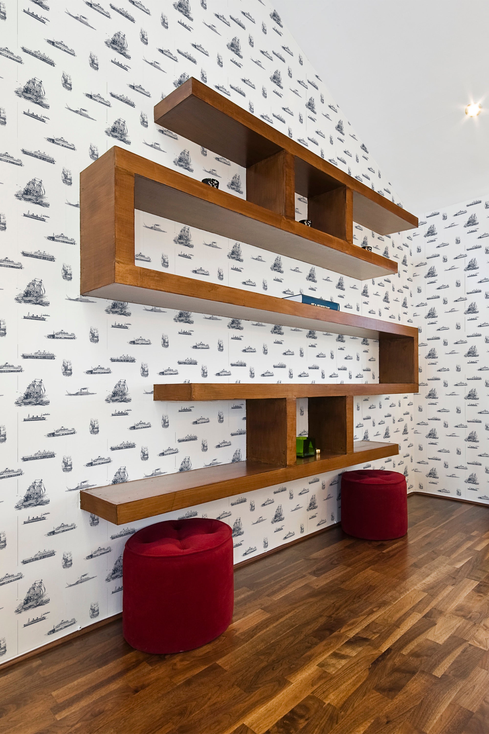 modern living room shelf velour puff chairs vintage ship wallpaper stick and peel