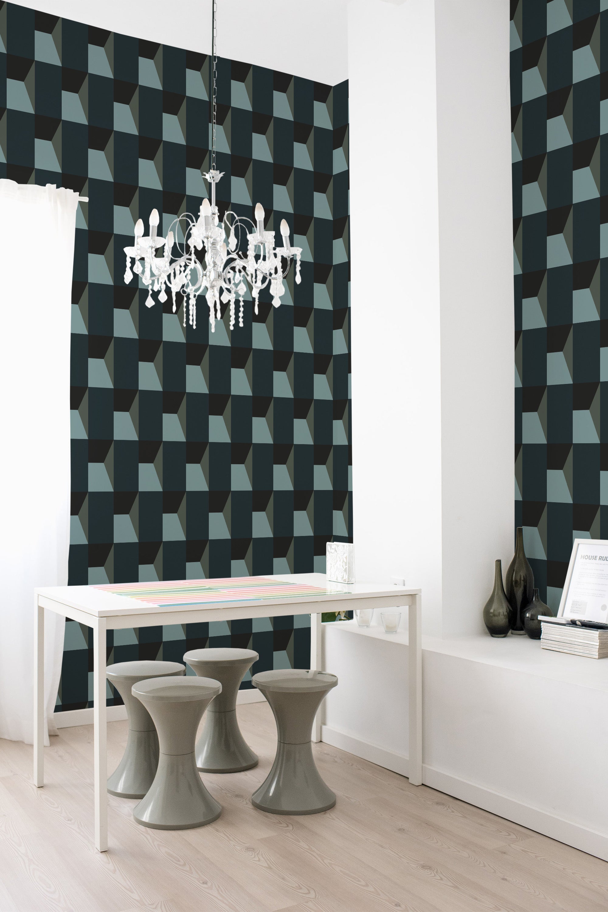 self adhesive wallpaper dark geometric pattern dining room table chandelier home decor