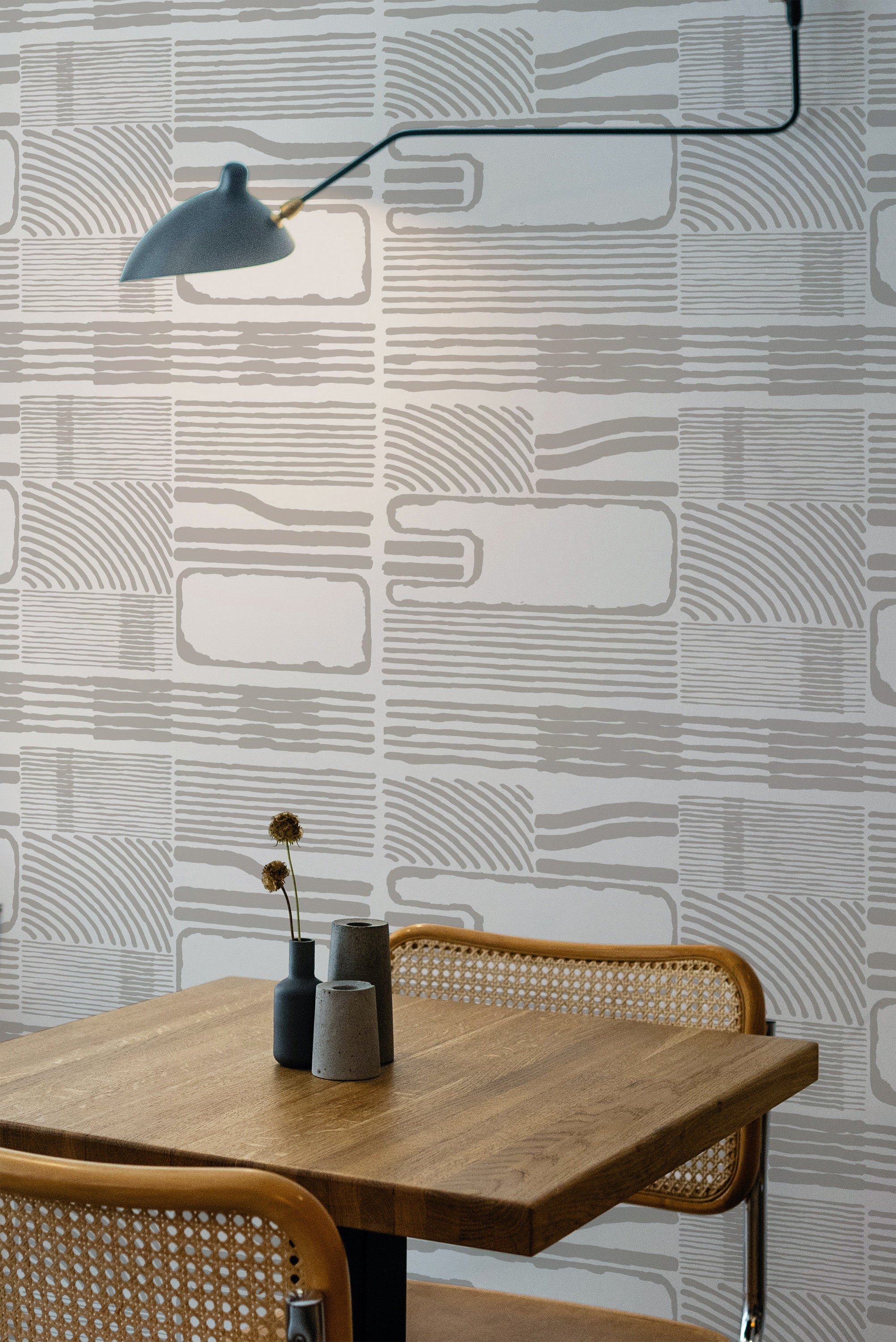 wooden dining table rattan chairs japandi calm pattern peel and stick wallpaper