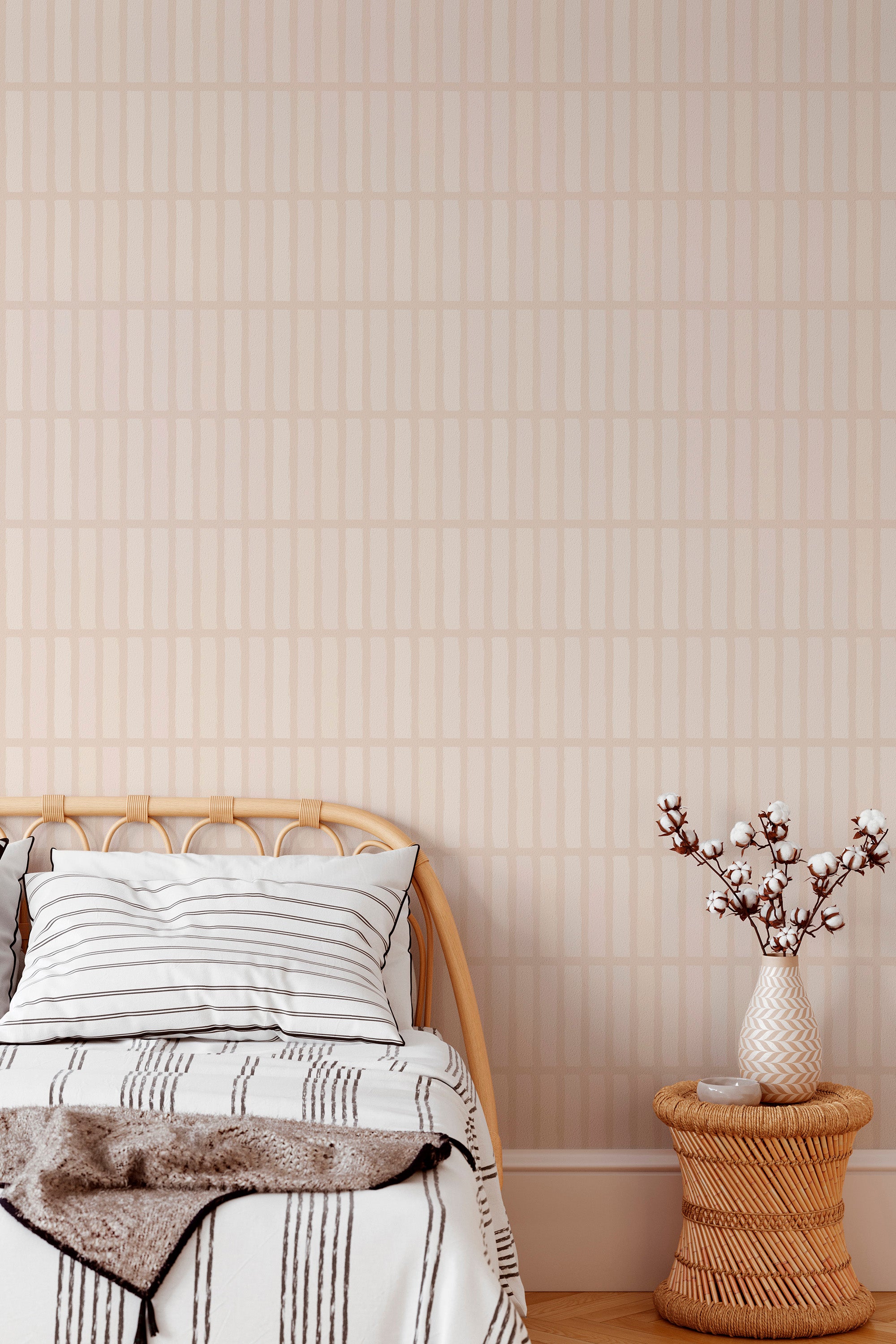 cozy bedroom interior rattan furniture decor calm brush lines accent wall