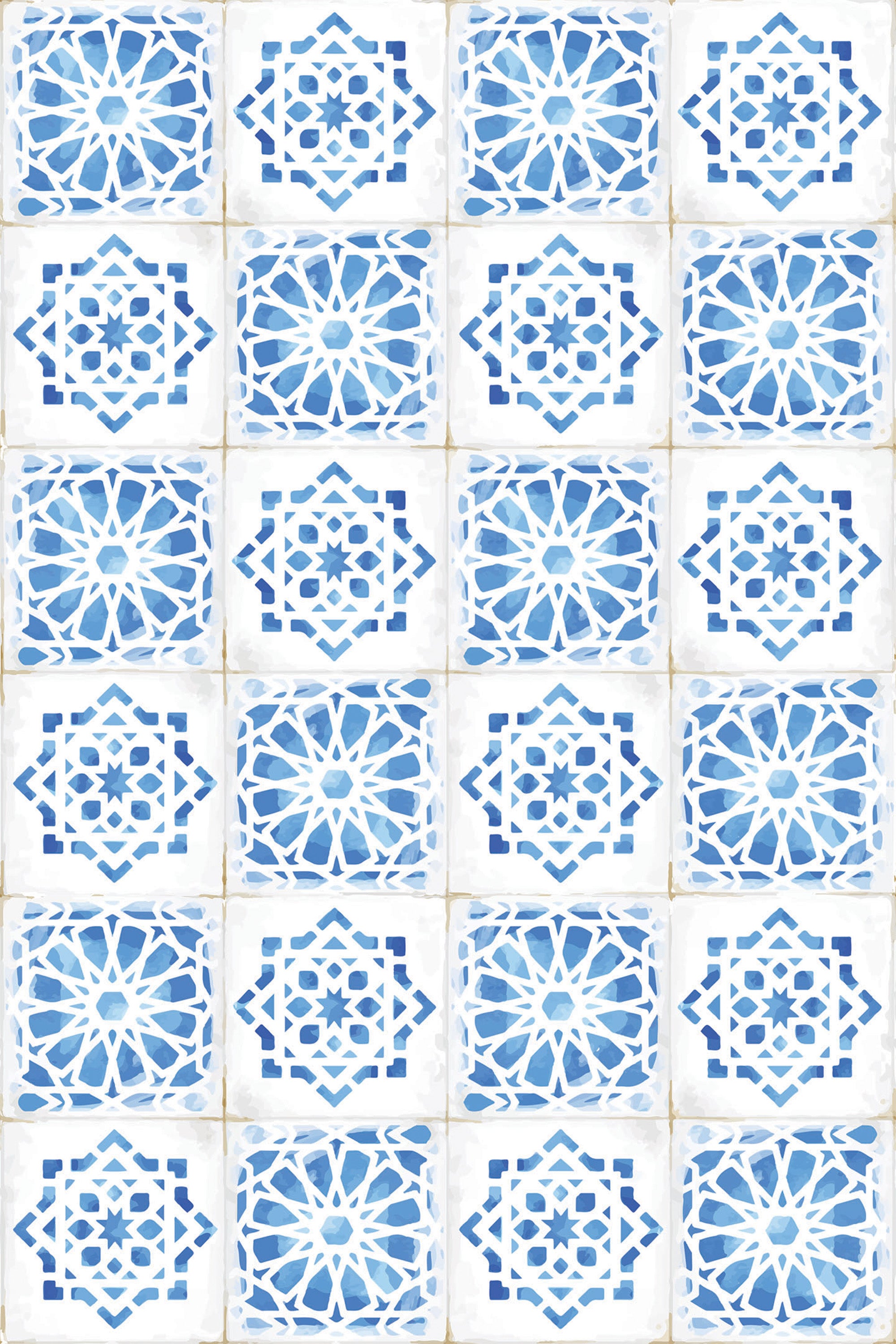 Blue and white pattern simulates intricate mosaic tiles with a mix of geometric and floral motifs arranged in a grid layout. Peel and stick removable wallpaper.