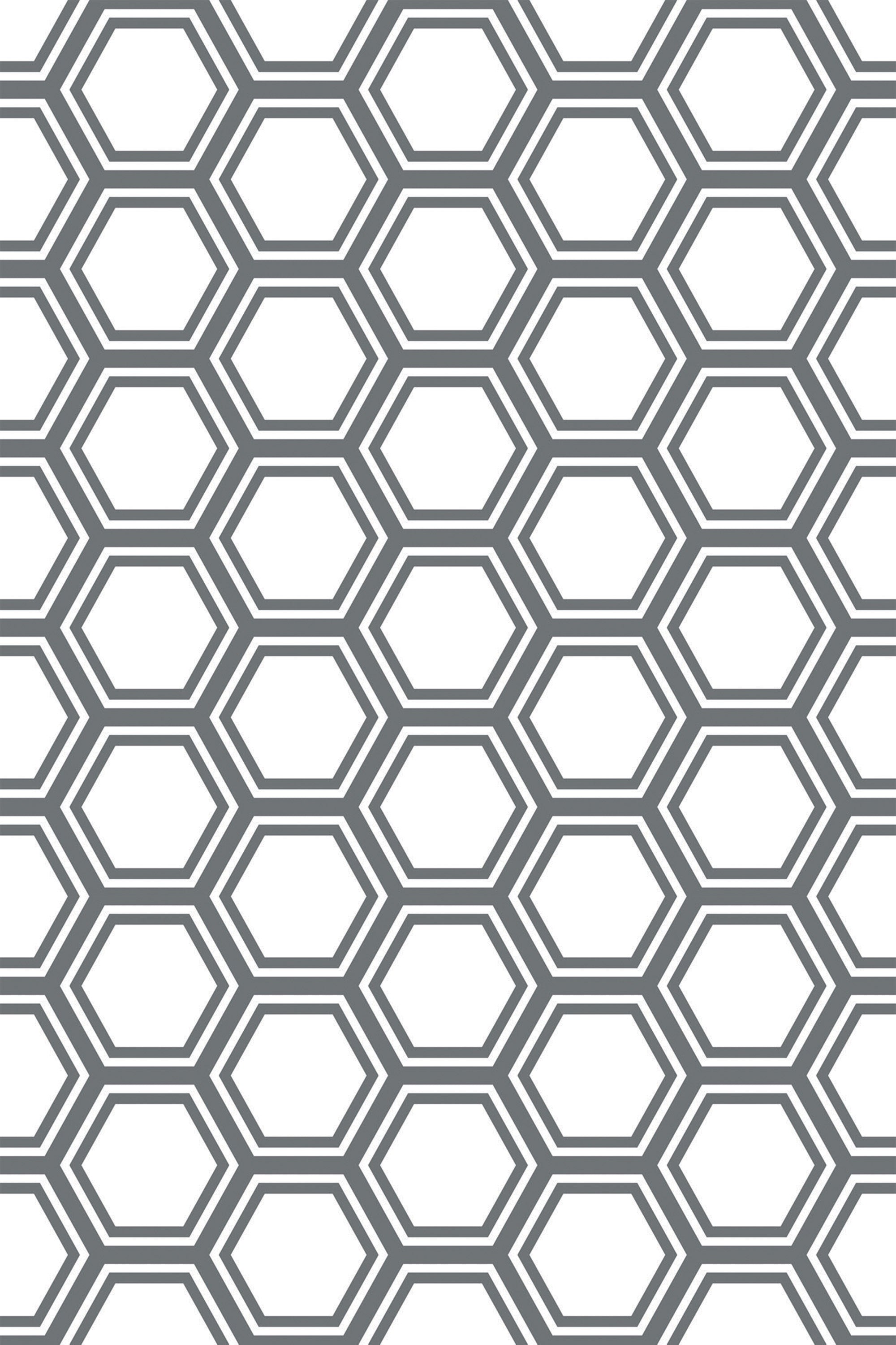 Geometric wallpaper pattern with interlocking hexagons in dark gray outlines on a white background, peel and stick removable wallpaper.