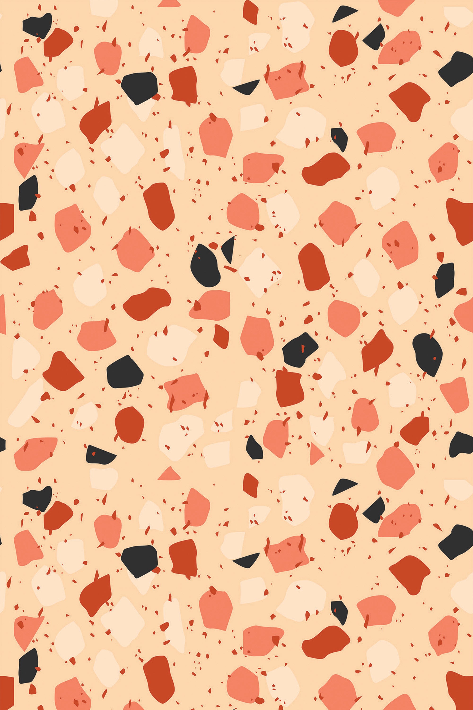 Terrazzo design with scattered abstract shapes in shades of red, black, cream, and terracotta on a beige background. Peel and stick removable wallpaper.