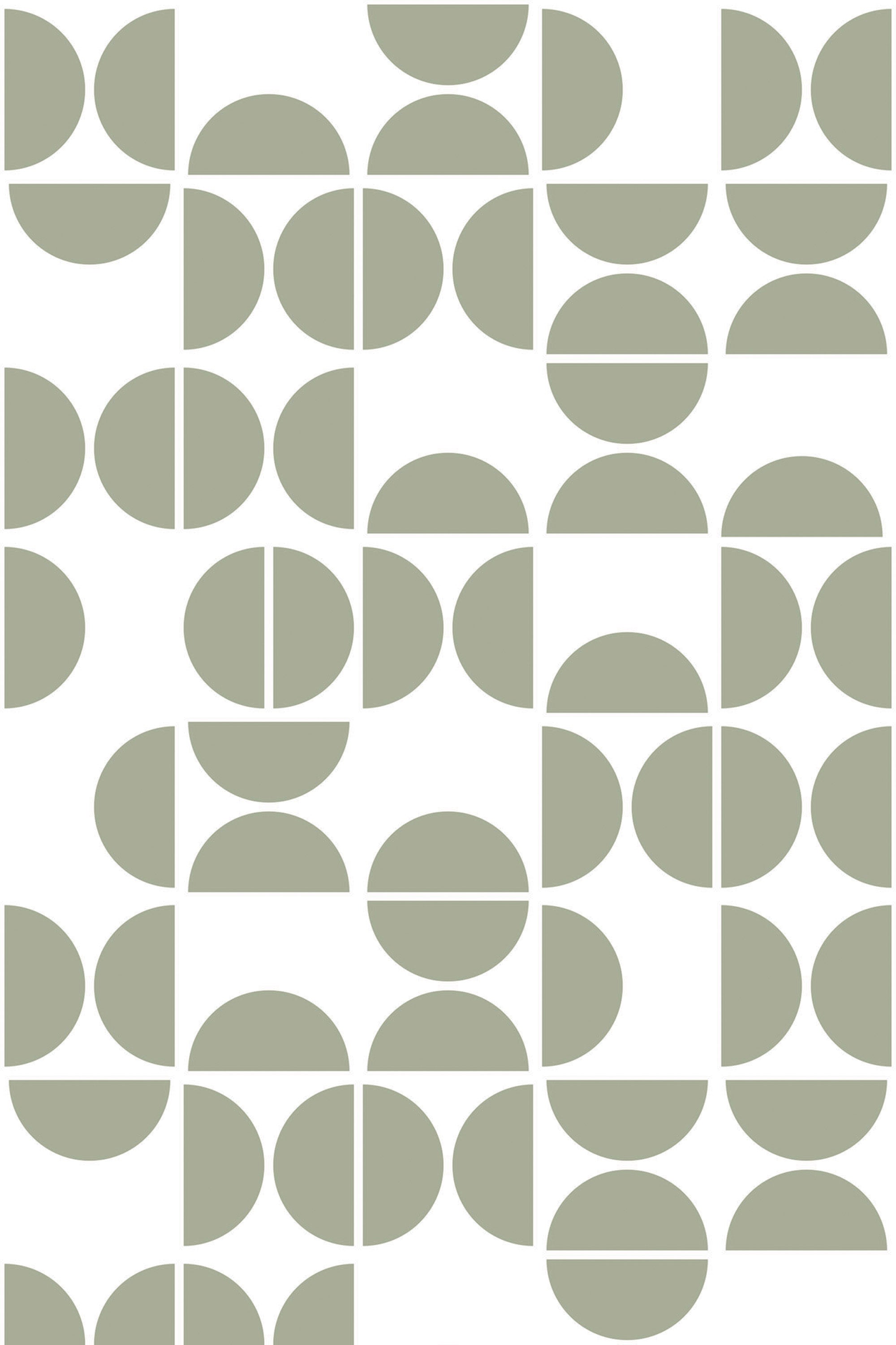 Geometric mid-century modern wallpaper with olive green semi-circles, full circles, and quarter circles on a white background. Peel and stick removable wallpaper.