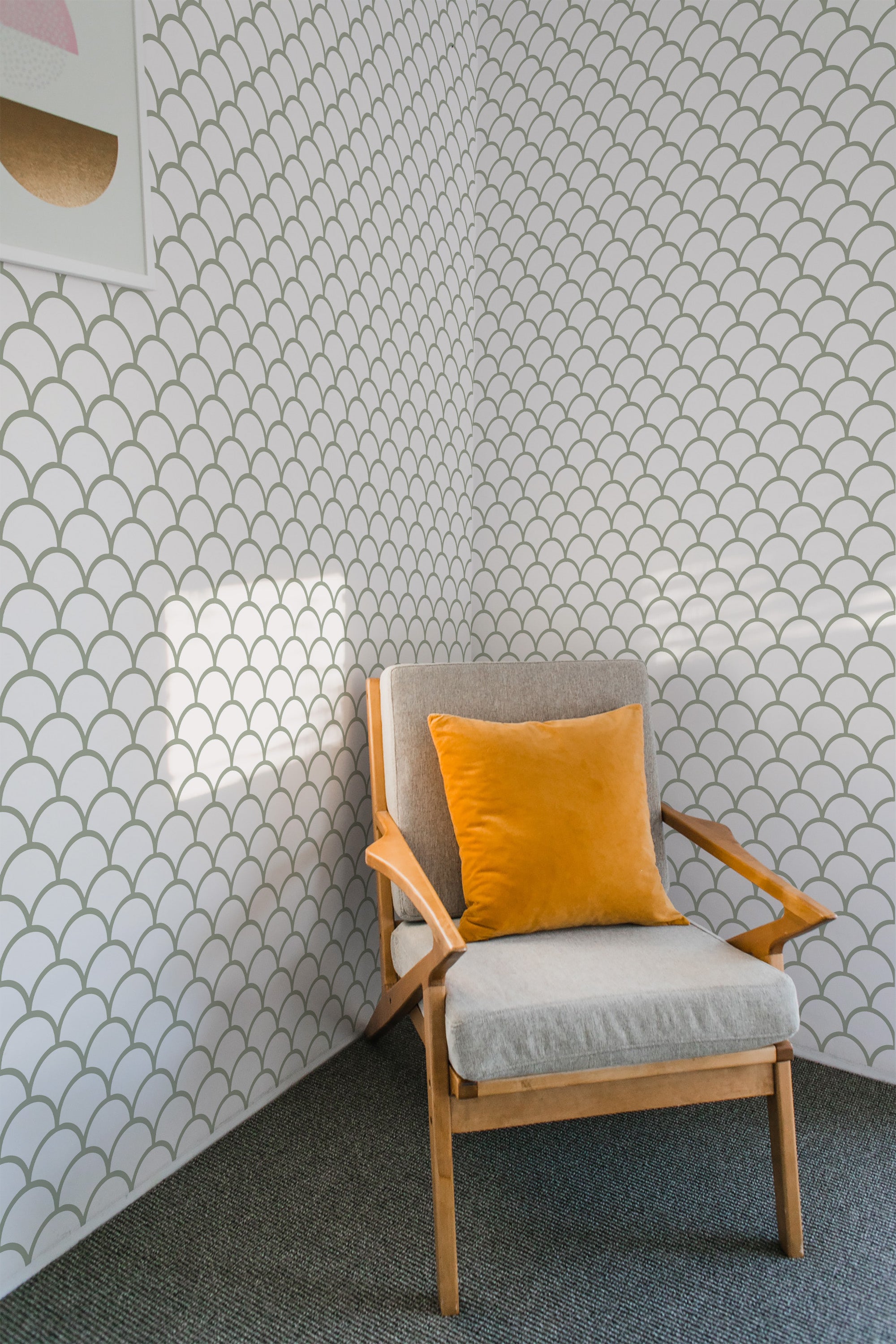 Wallpaper with a pattern of repeating oval tile shapes arranged in a scale-like pattern in a neutral color on a white background, traditional wallpaper.