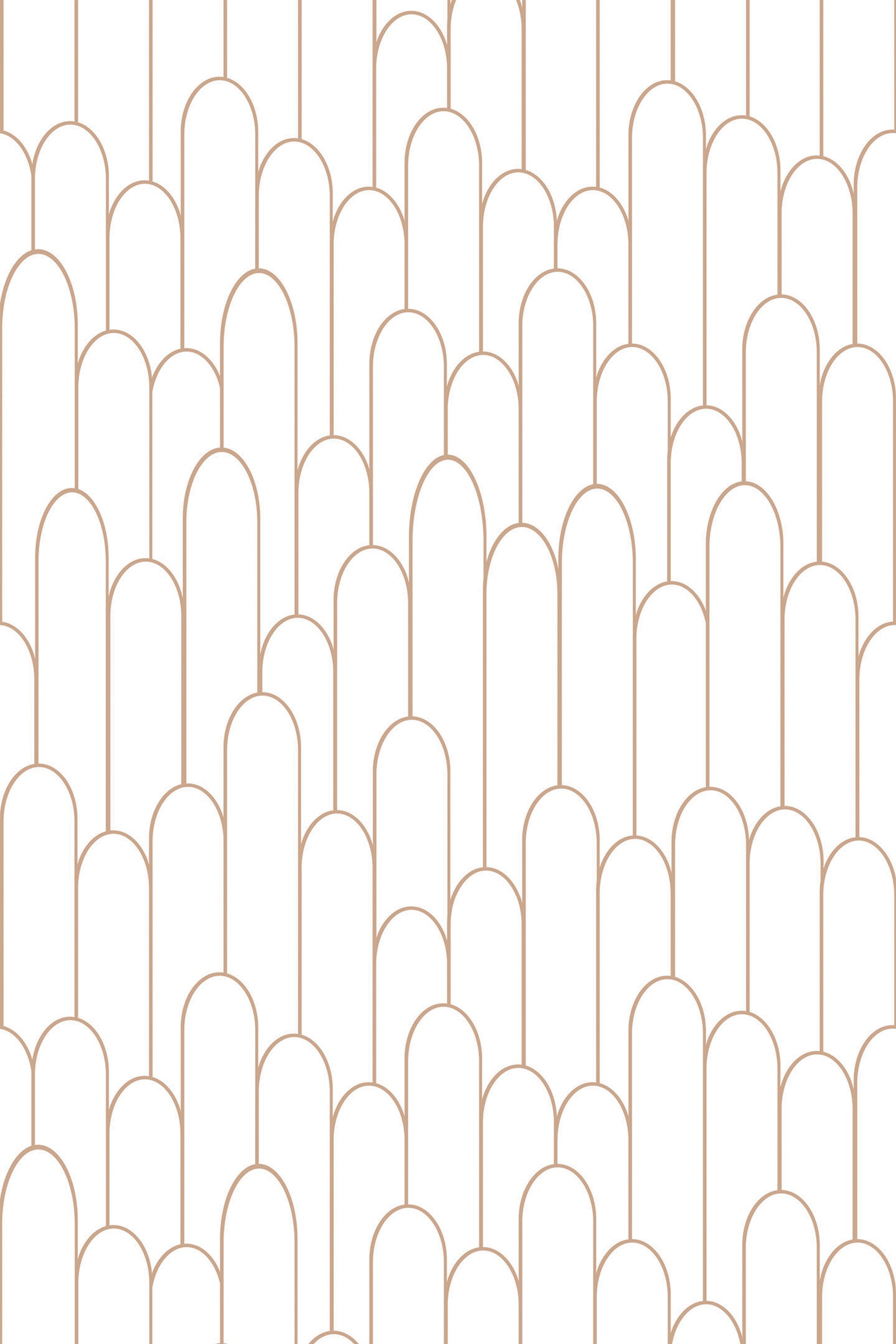 Art Deco-inspired geometric pattern with a repeating design of arched shapes in a minimalistic style, outlined in gold on a white background, peel and stick removable wallpaper.