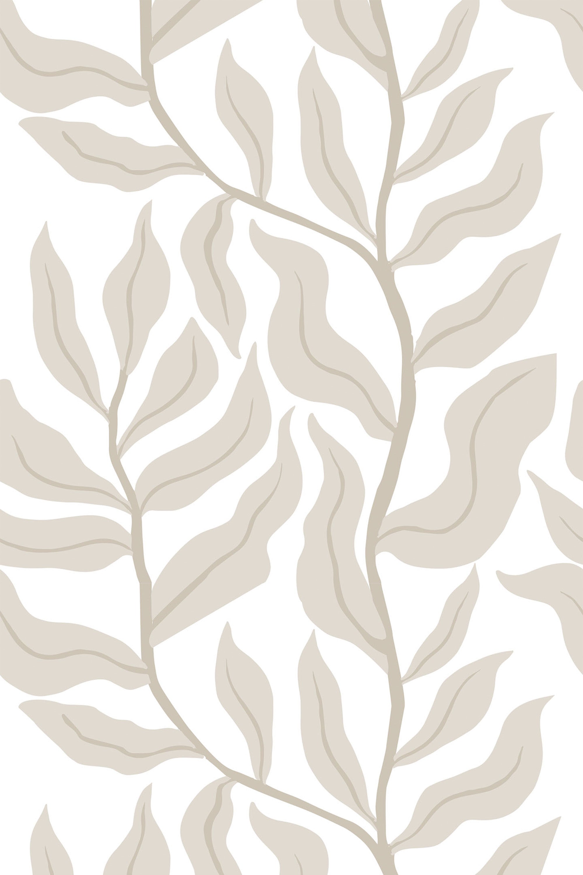 Cream-colored leaves with flowing, organic shapes set against a white background, creating a vintage-inspired, elegant pattern. Peel and stick removable wallpaper.