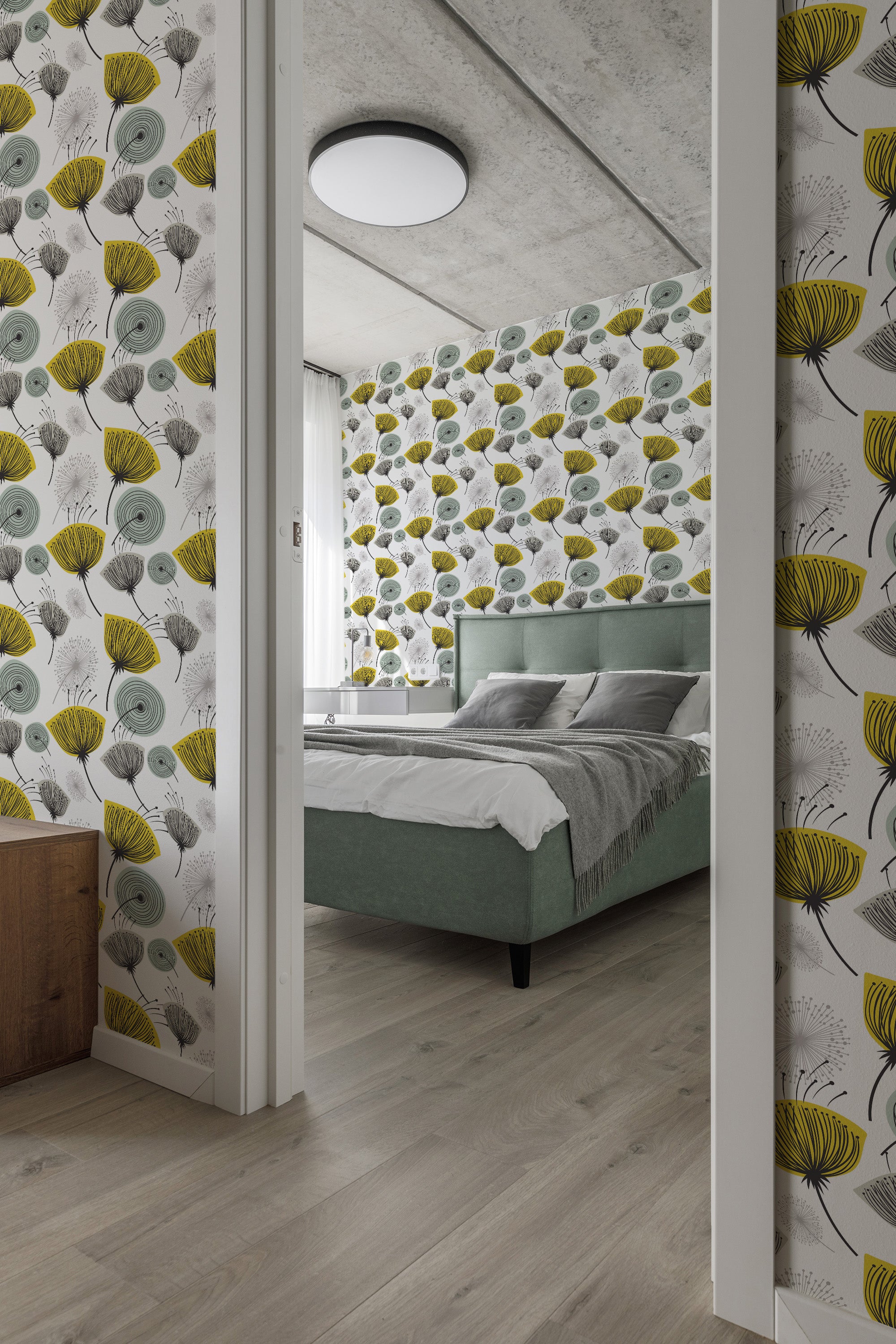 A room with Mid-century dandelion wallpaper in a repeating pattern of abstract dandelion shapes in yellow, gray, and white with minimalist lines and retro colors on traditional wallpaper.