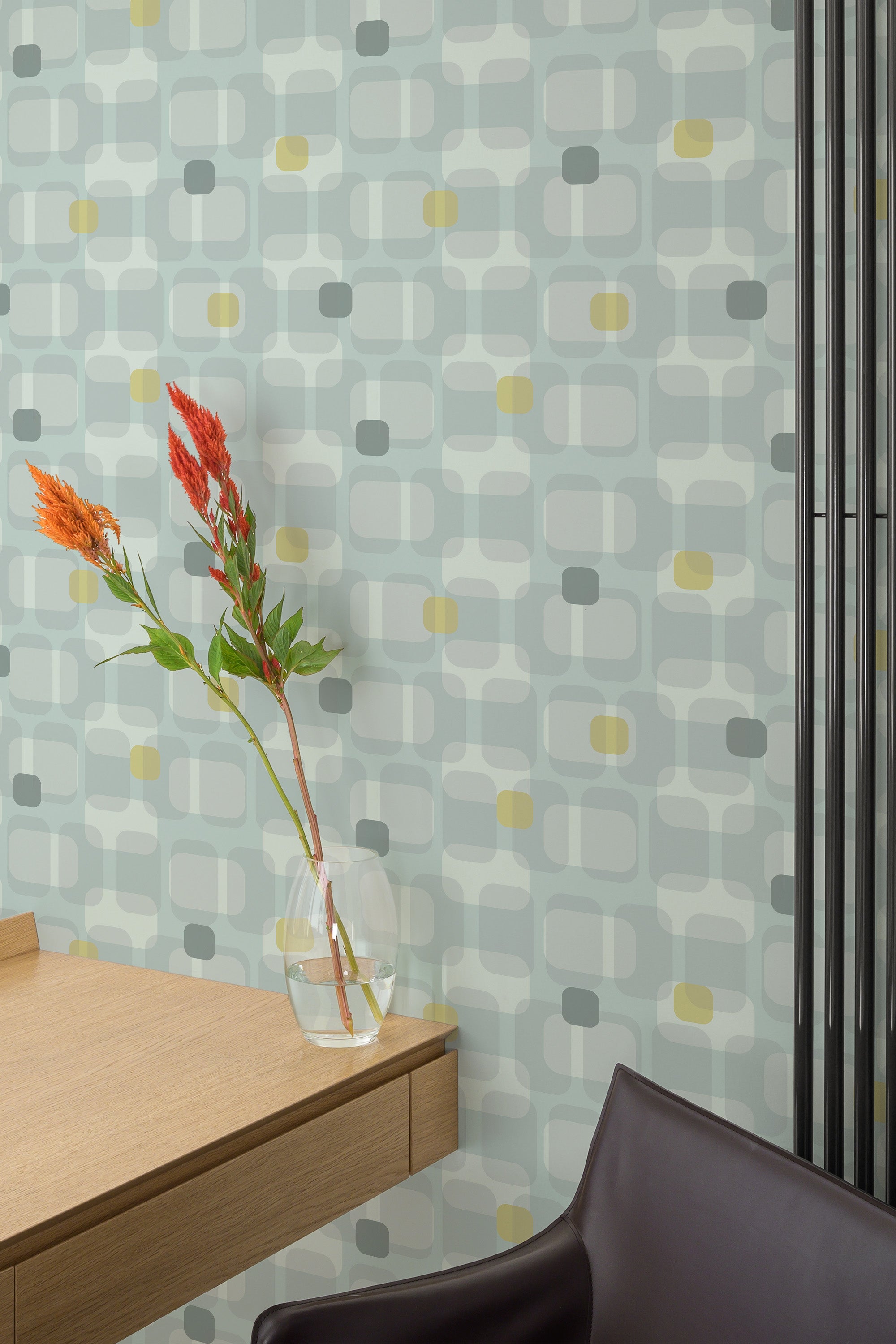 Self-adhesive wallpaper with a Classic retro circles design in soft tones of green, yellow, and gray. The pattern forms overlapping rounded shapes, creating a vintage, mid-century modern aesthetic.