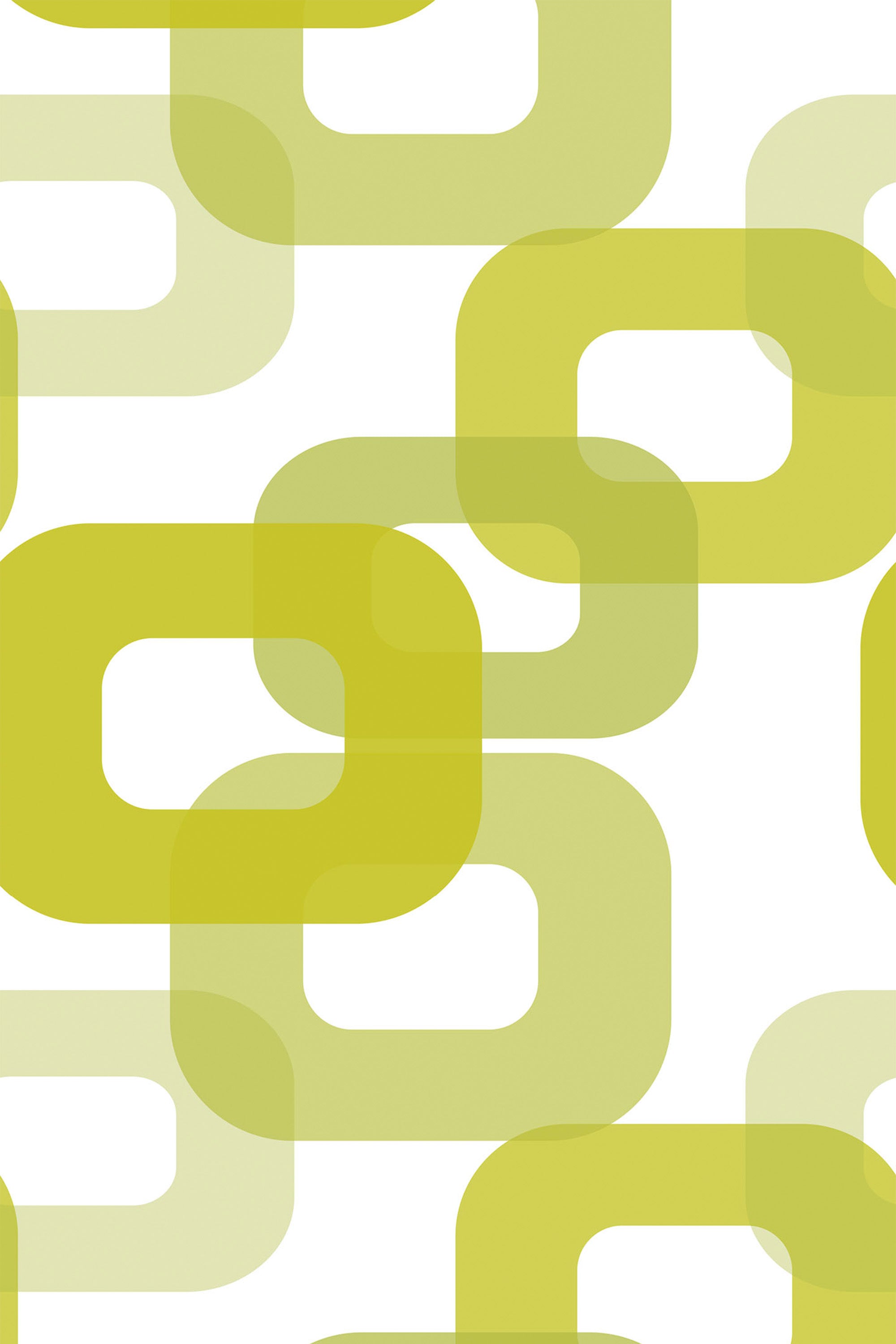 A 60s retro print with interlocking, translucent, lime green and yellow geometric square shapes on a white background, peel and stick removable wallpaper.