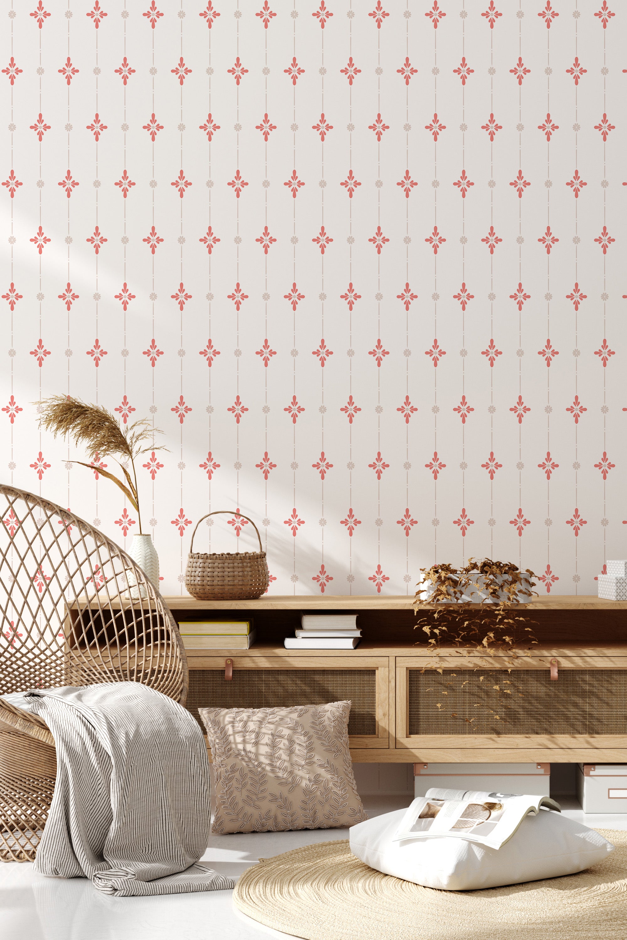 Wallpaper with a vertical floral pattern of small, delicate red flowers and leaves spaced evenly along thin, intricate lines on a light cream background. A classic and charming look, traditional wallpaper.