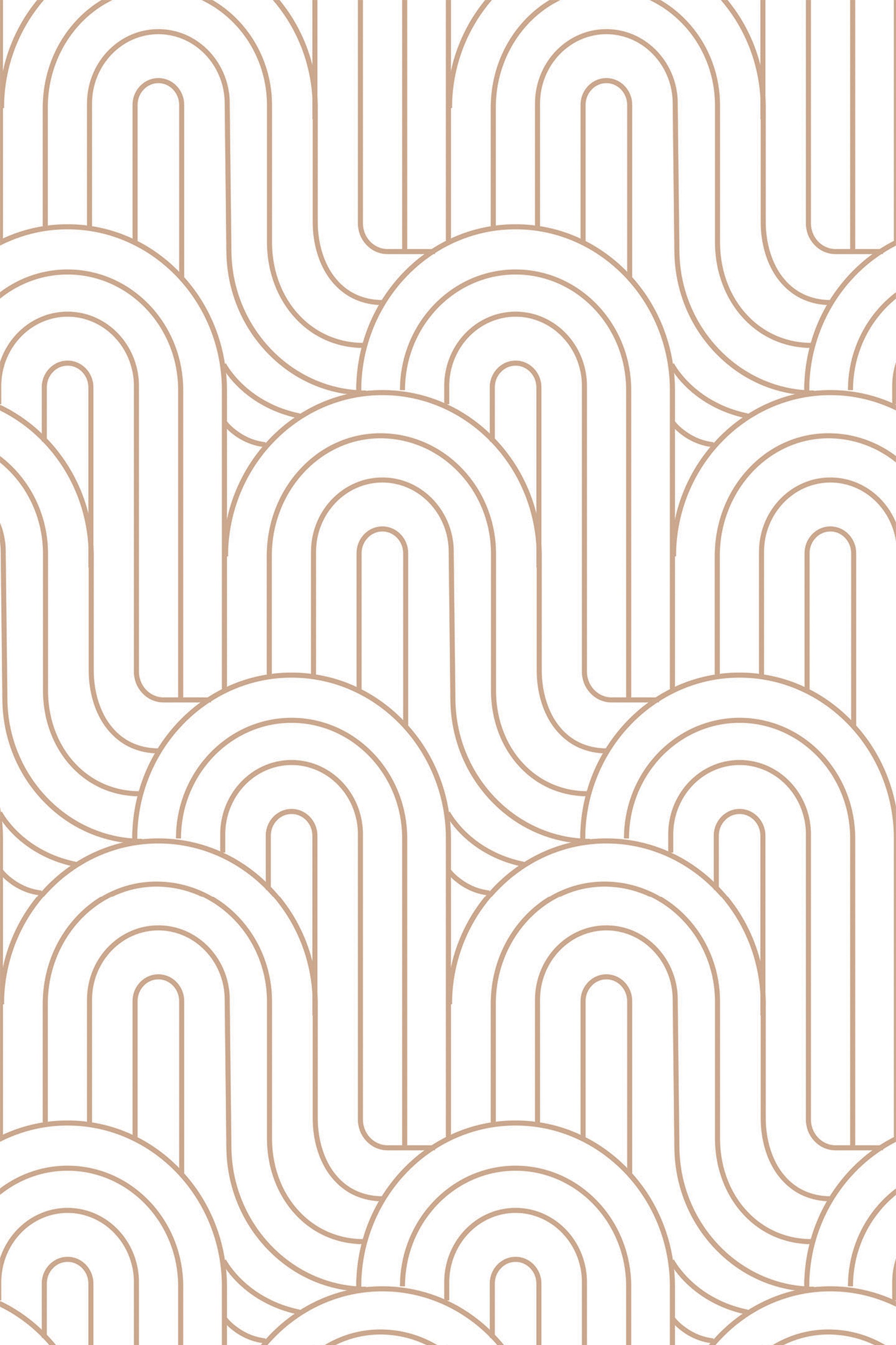 Repeating geometric pattern with interlocking arches and lines in a retro design, gold metallic outlines on a white background, peel and stick removable wallpaper.