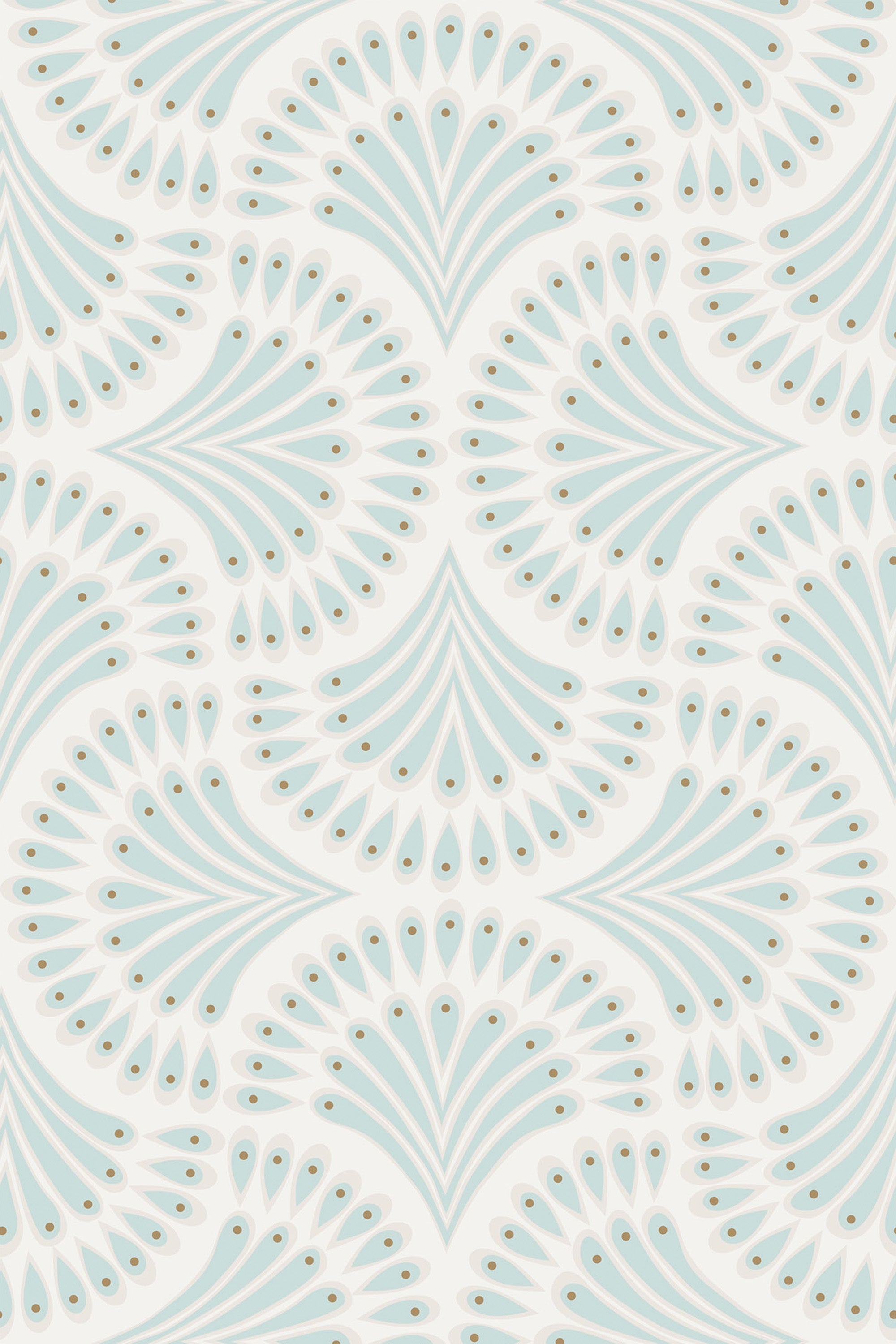 A repeating pattern of light blue fan shapes with intricate white lines and small circular accents in shades of tan and grey on a white background, art deco style peel and stick removable wallpaper.