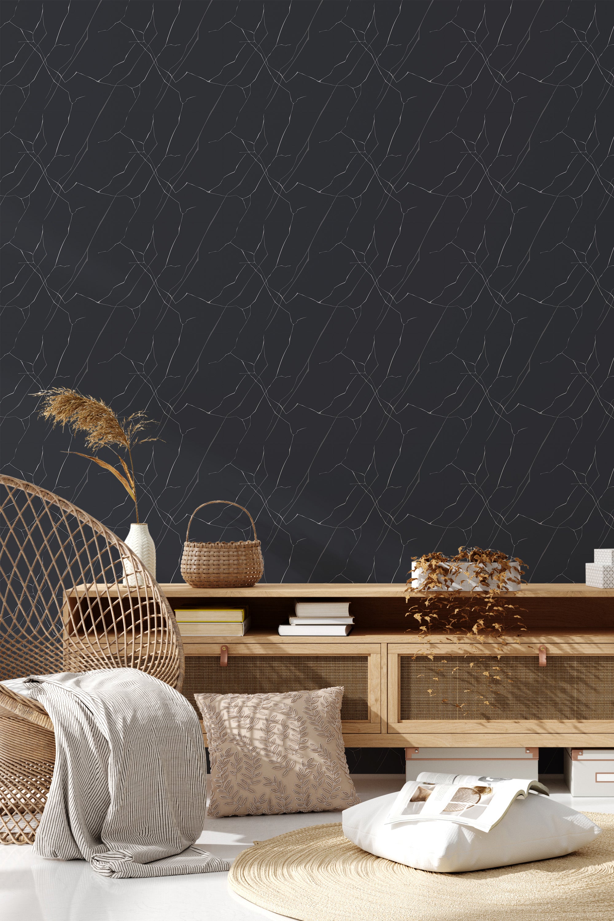 A room with a dark wallpaper pattern resembling black marble with subtle blue undertones and thin white veining, giving an elegant and contemporary feel to the decor, ending with traditional wallpaper.