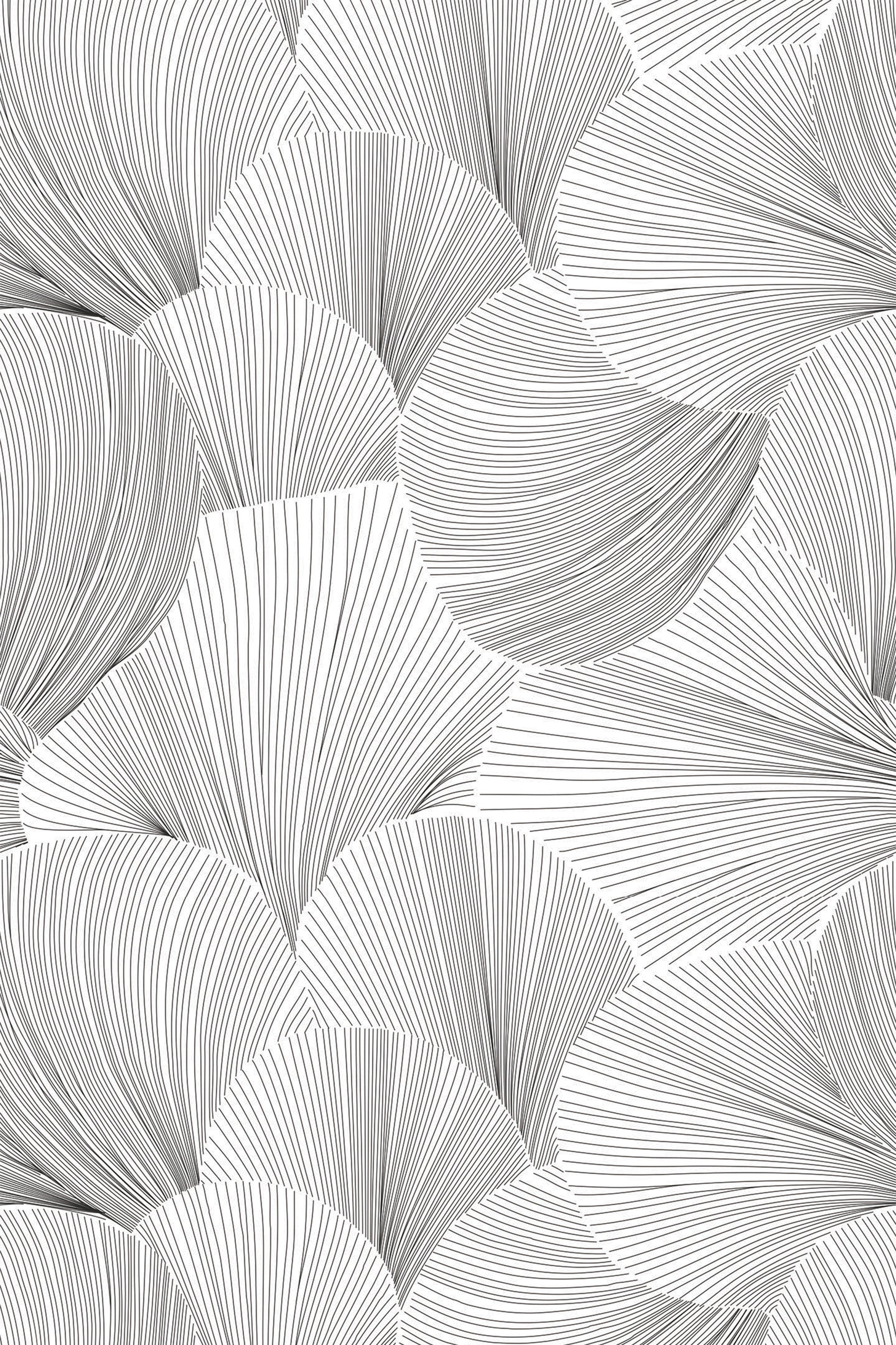 A monochromatic seamless line art pattern with overlapping curved lines creating an abstract foliage-like design on a peel and stick removable wallpaper.