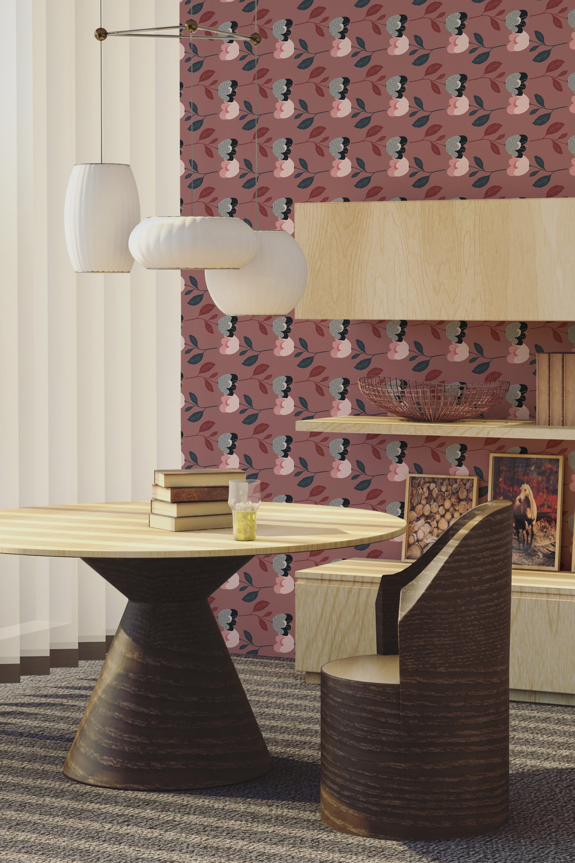 A room with Bold flowers wallpaper design having a repeating pattern of large white flowers with black centers on a dusty pink background, complementing the modern furniture, traditional wallpaper.