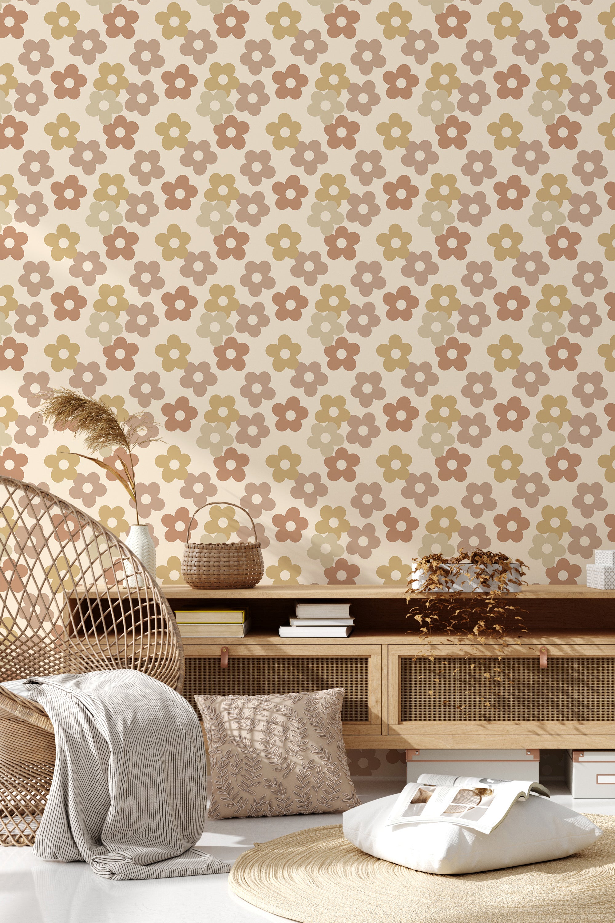 A room with beige simple floral wallpaper, consisting of repetitive patterns of small brown and yellow flowers on a neutral background, giving the space a warm, traditional wallpaper look.