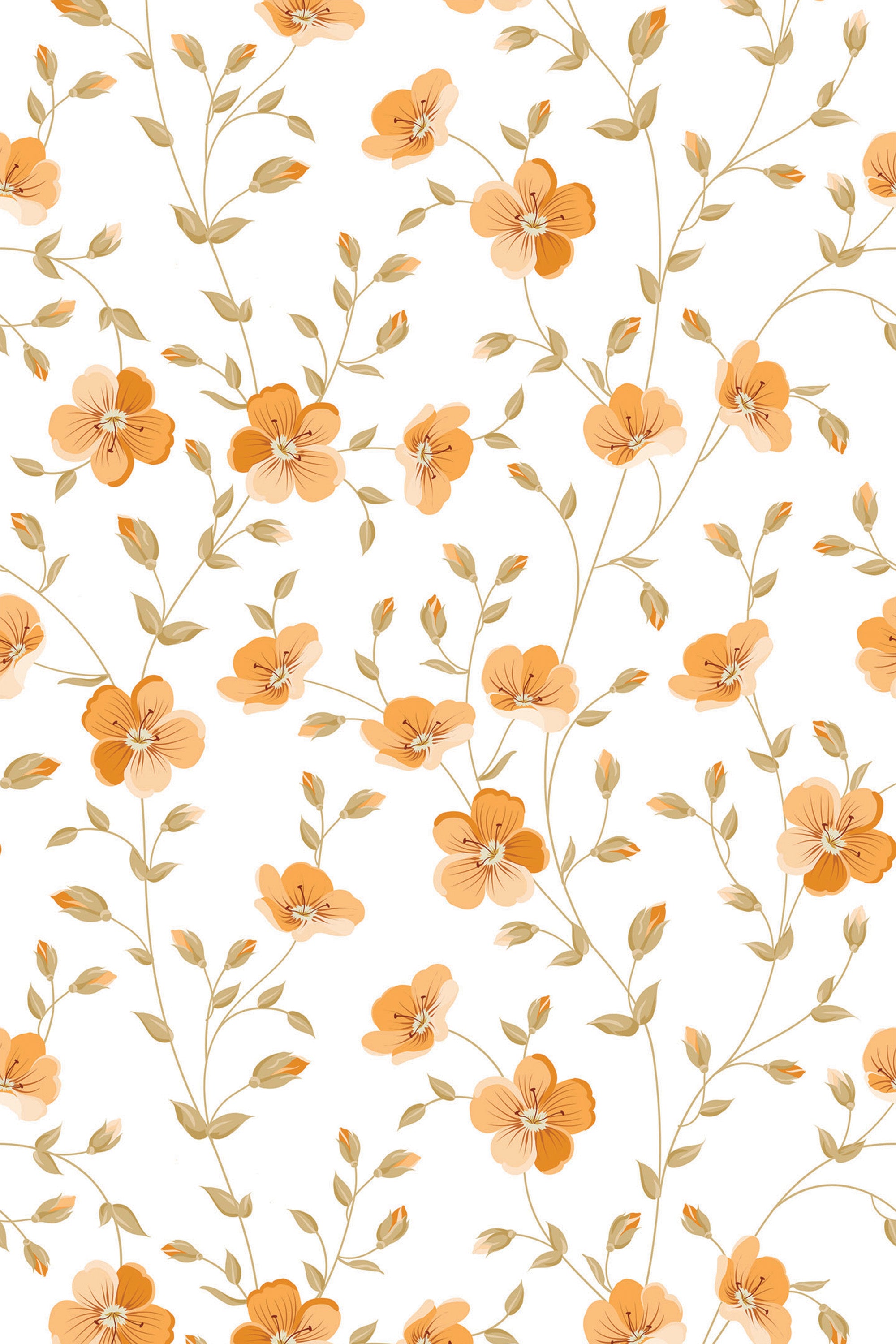 Orange flowers with green stems on a white background, peel and stick removable wallpaper.