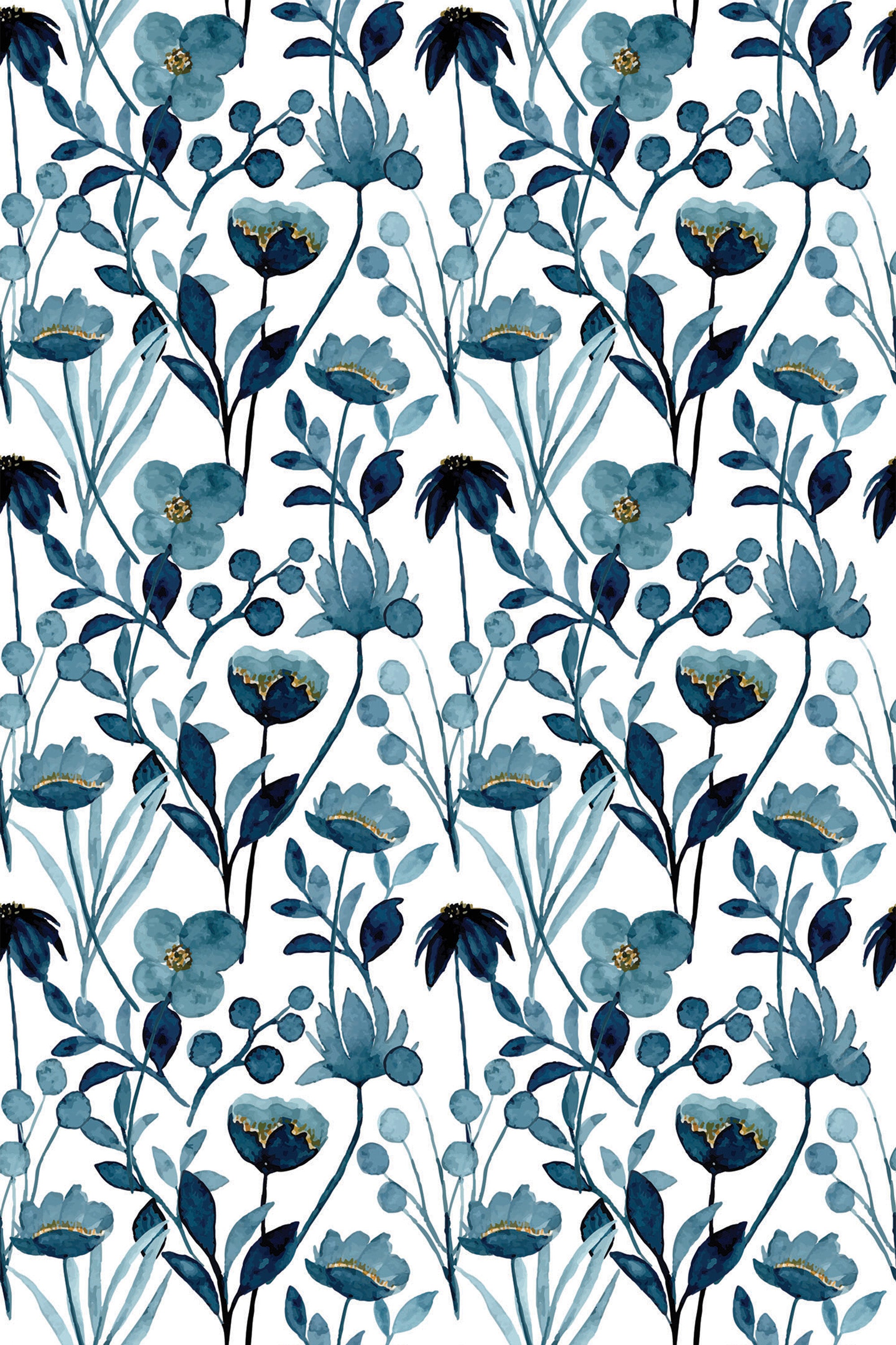 Blue watercolor floral pattern with various blossoms and leaves on peel and stick removable wallpaper.