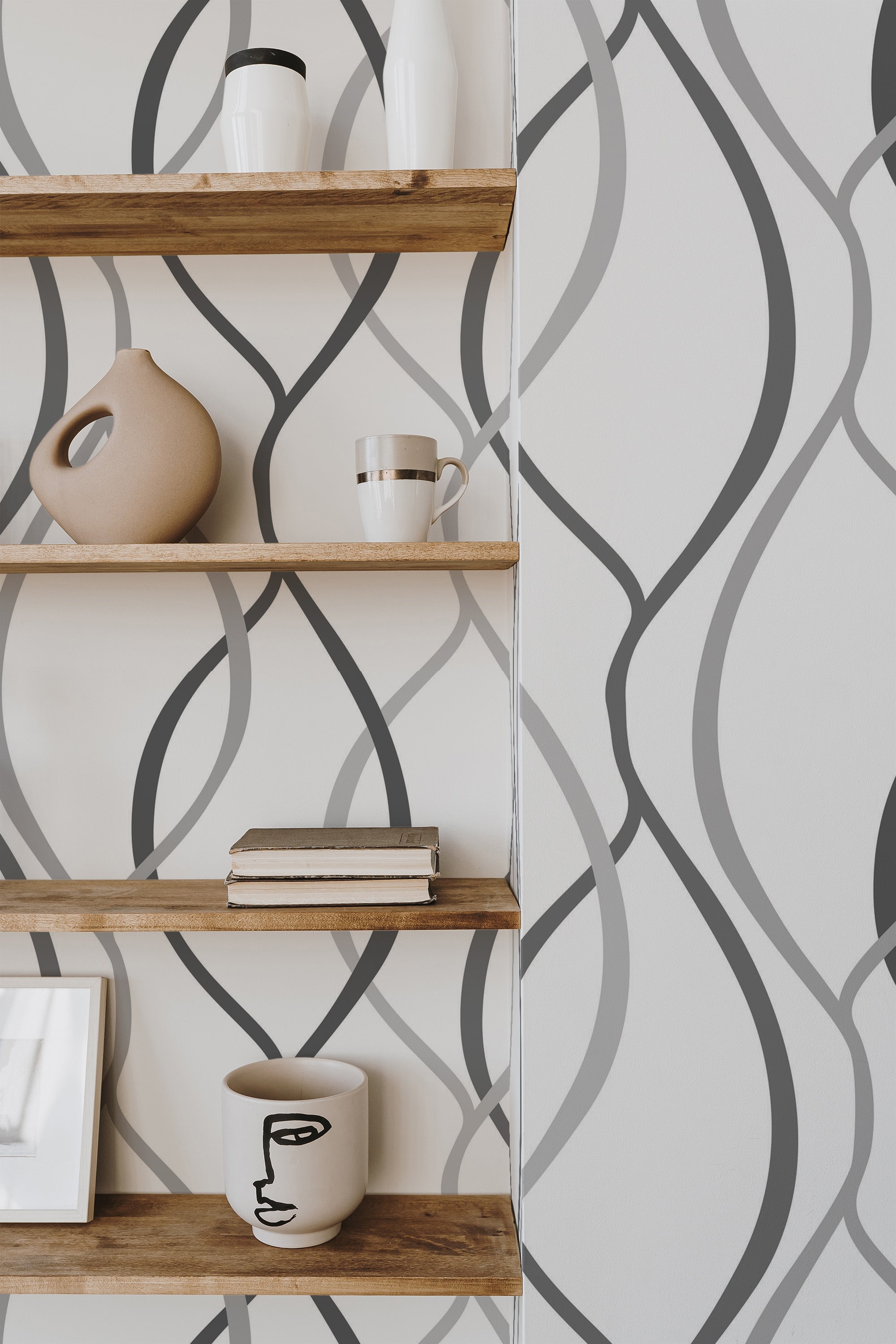 Self-adhesive wallpaper with a Classic line design, featuring interconnected curving lines in varying shades of gray on a white background, creating a modern, elegant look on the wall.
