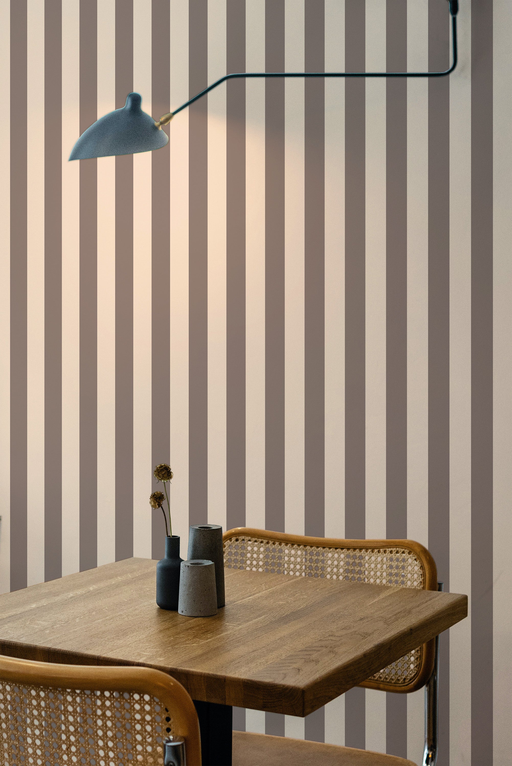 Self-adhesive wallpaper with a Tiny stripe design in alternating vertical lines of neutral beige and soft brown, creating a minimalistic and modern aesthetic.