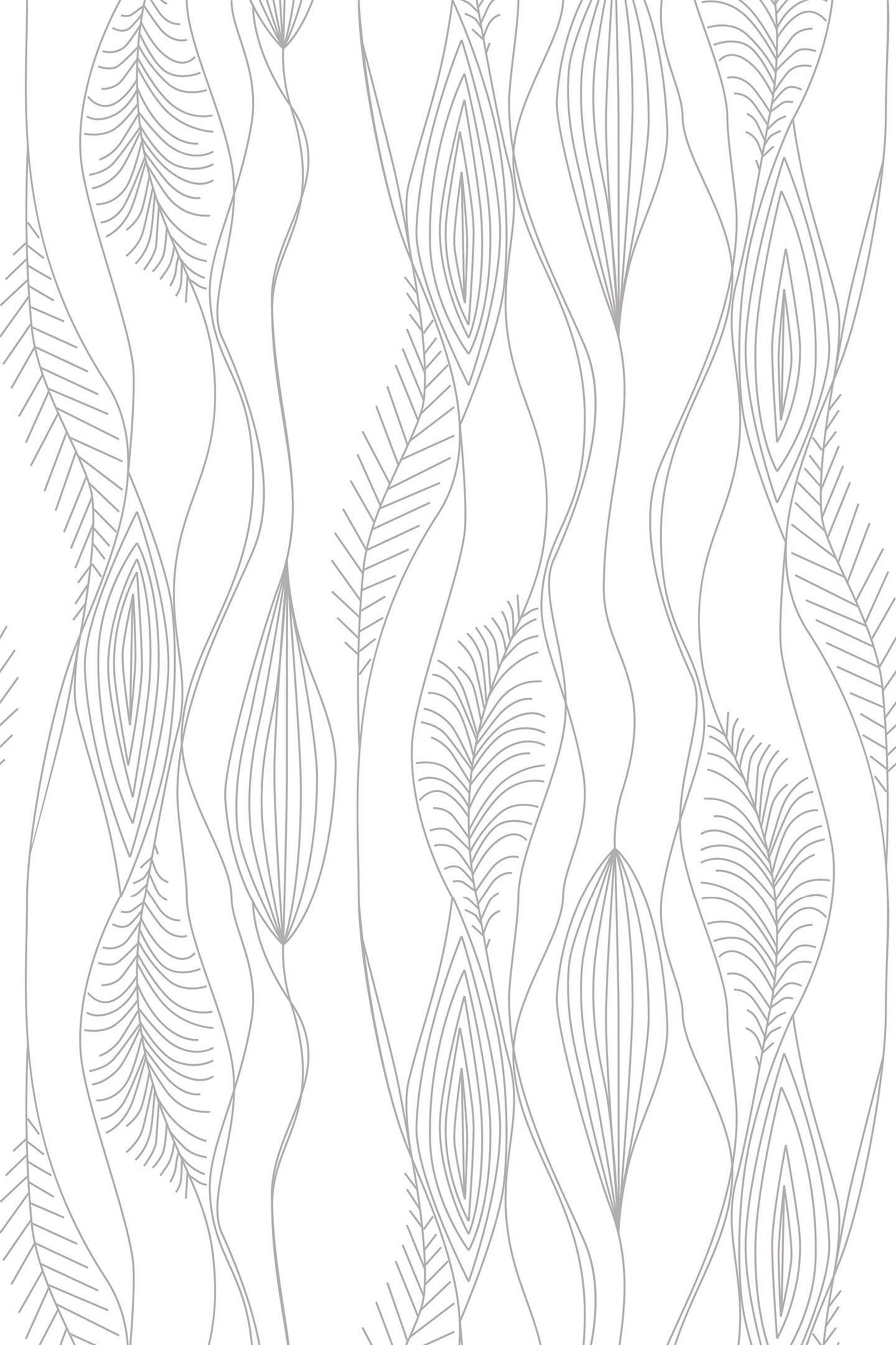 Delicate, abstract leaf-like shapes with subtle curved lines in a monochrome gray palette arranged in wavy vertical patterns on a white background, peel and stick removable wallpaper.