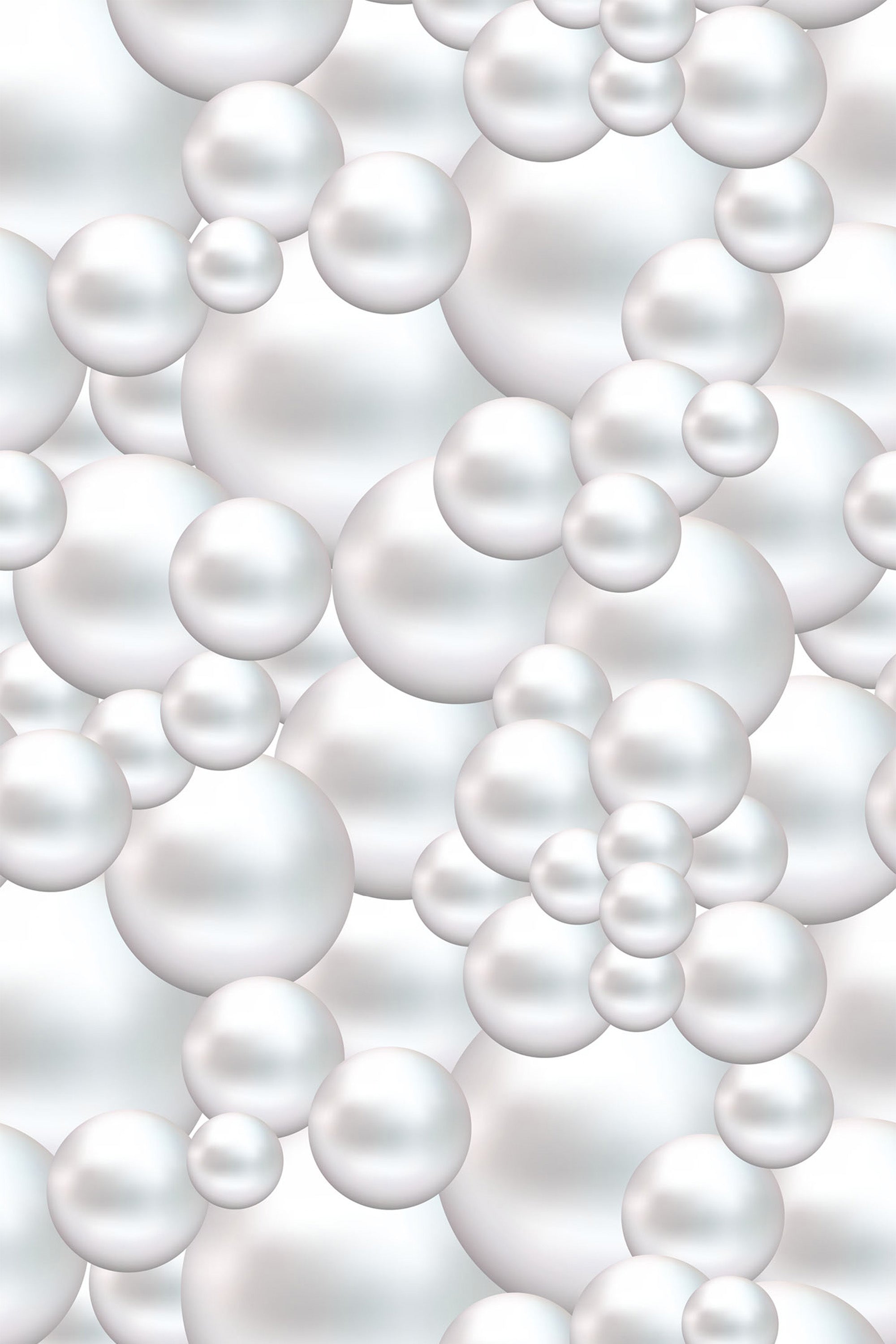 Seamless pattern of overlapping white pearls in varying sizes, creating a reflective and three-dimensional effect on a smooth surface, peel and stick removable wallpaper.