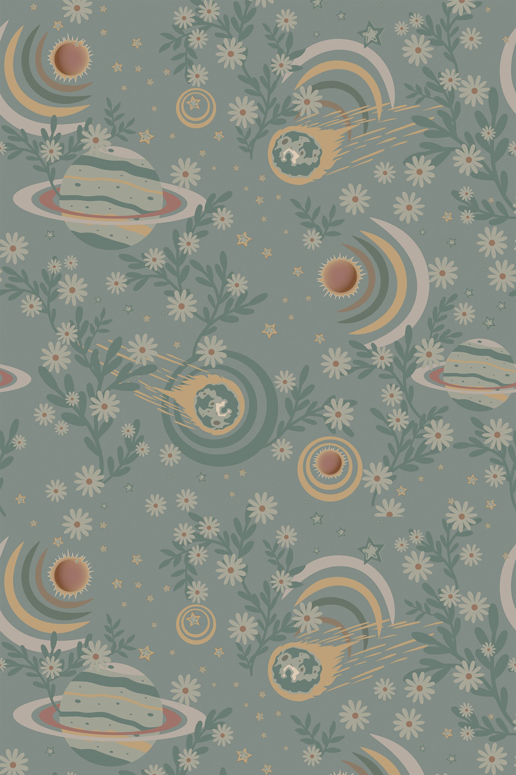 Retro-style wallpaper with planets, shooting stars, comets, and small flowers in muted tones of green, yellow, and orange on a soft teal background. Peel and stick removable wallpaper.